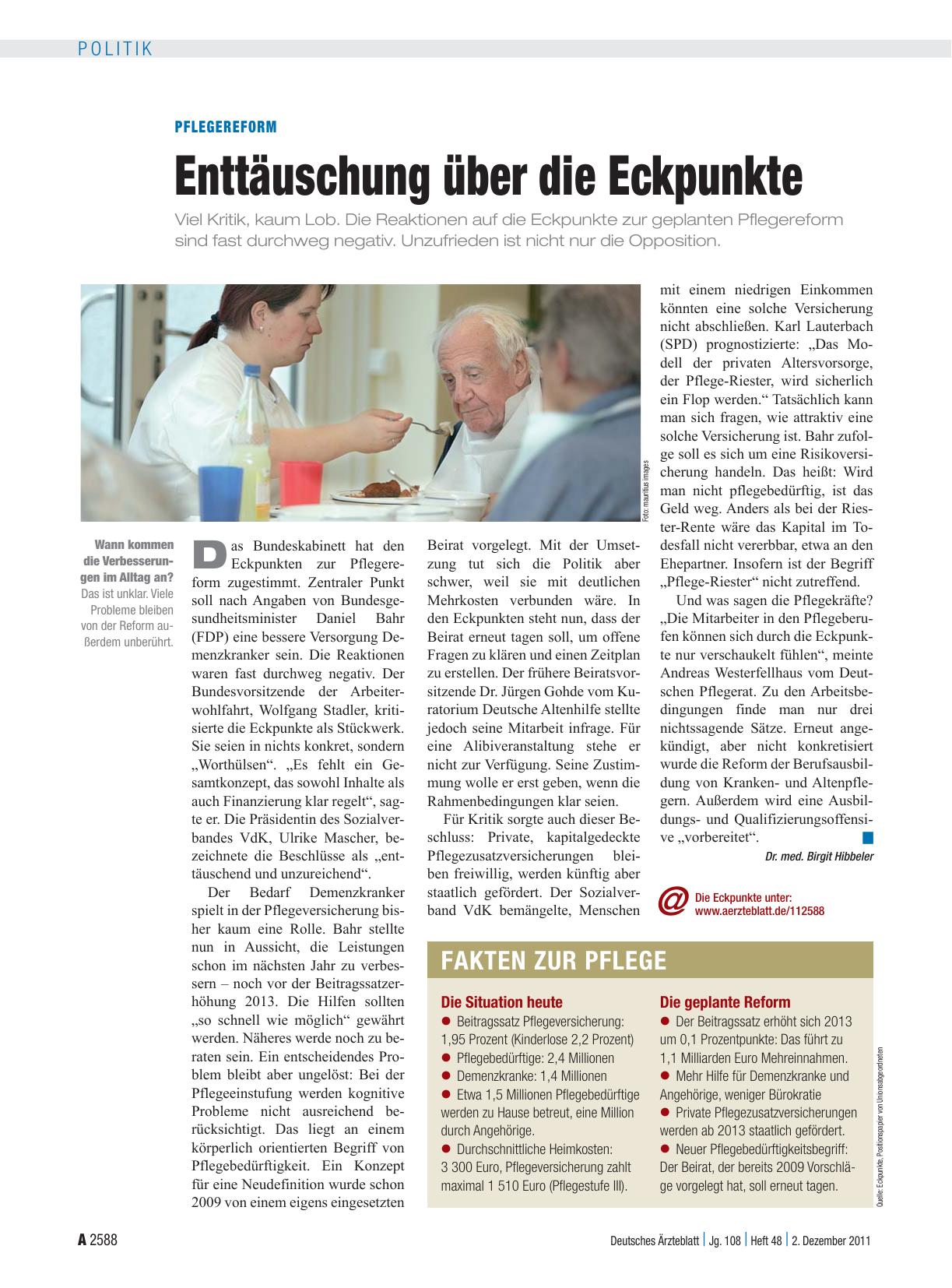Vorschauseite 1: Pflegereform: Enttäuschung über die Eckpunkte