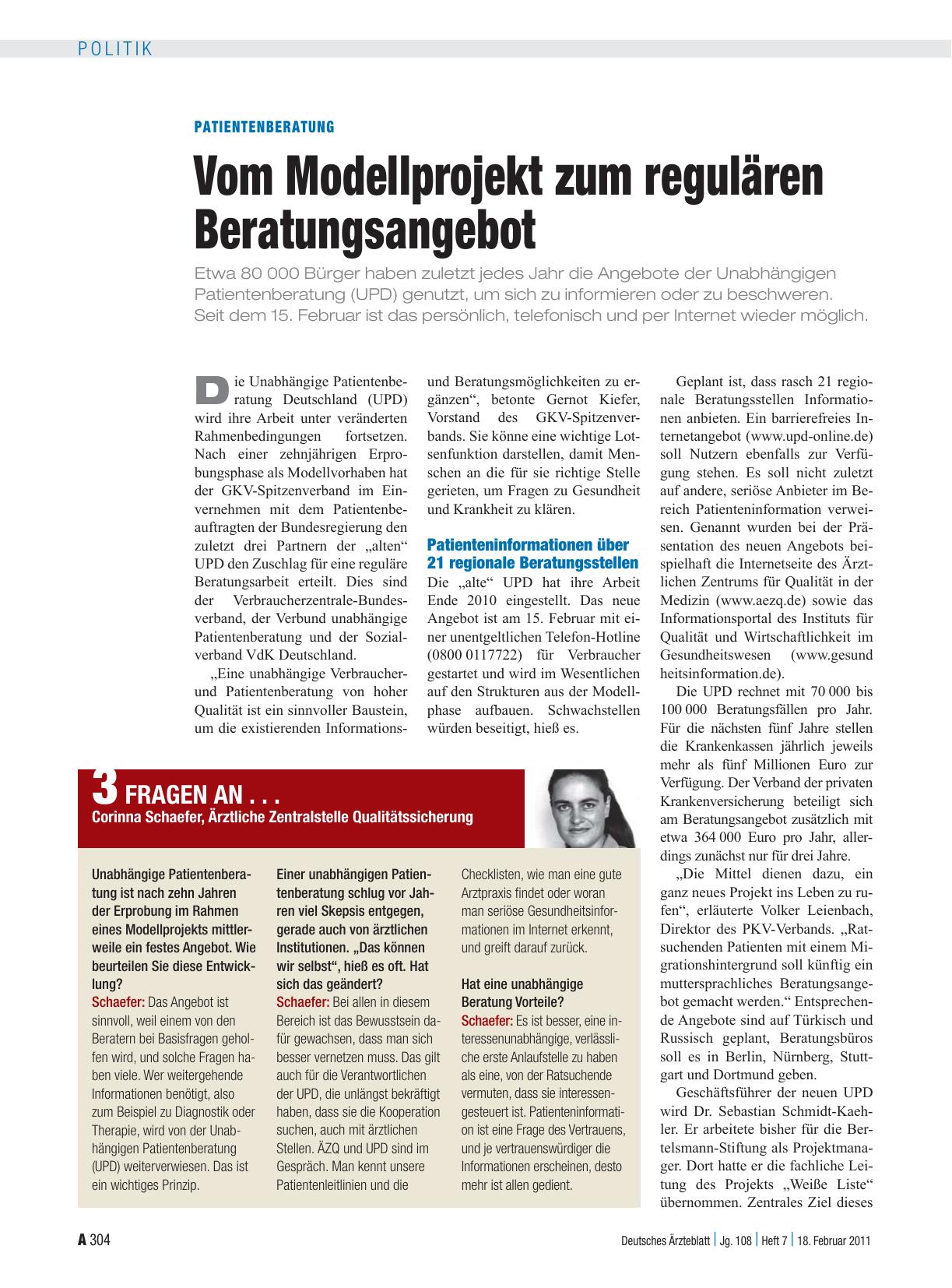 Vorschauseite 1: Patientenberatung: Vom Modellprojekt zum regulären Beratungsangebot