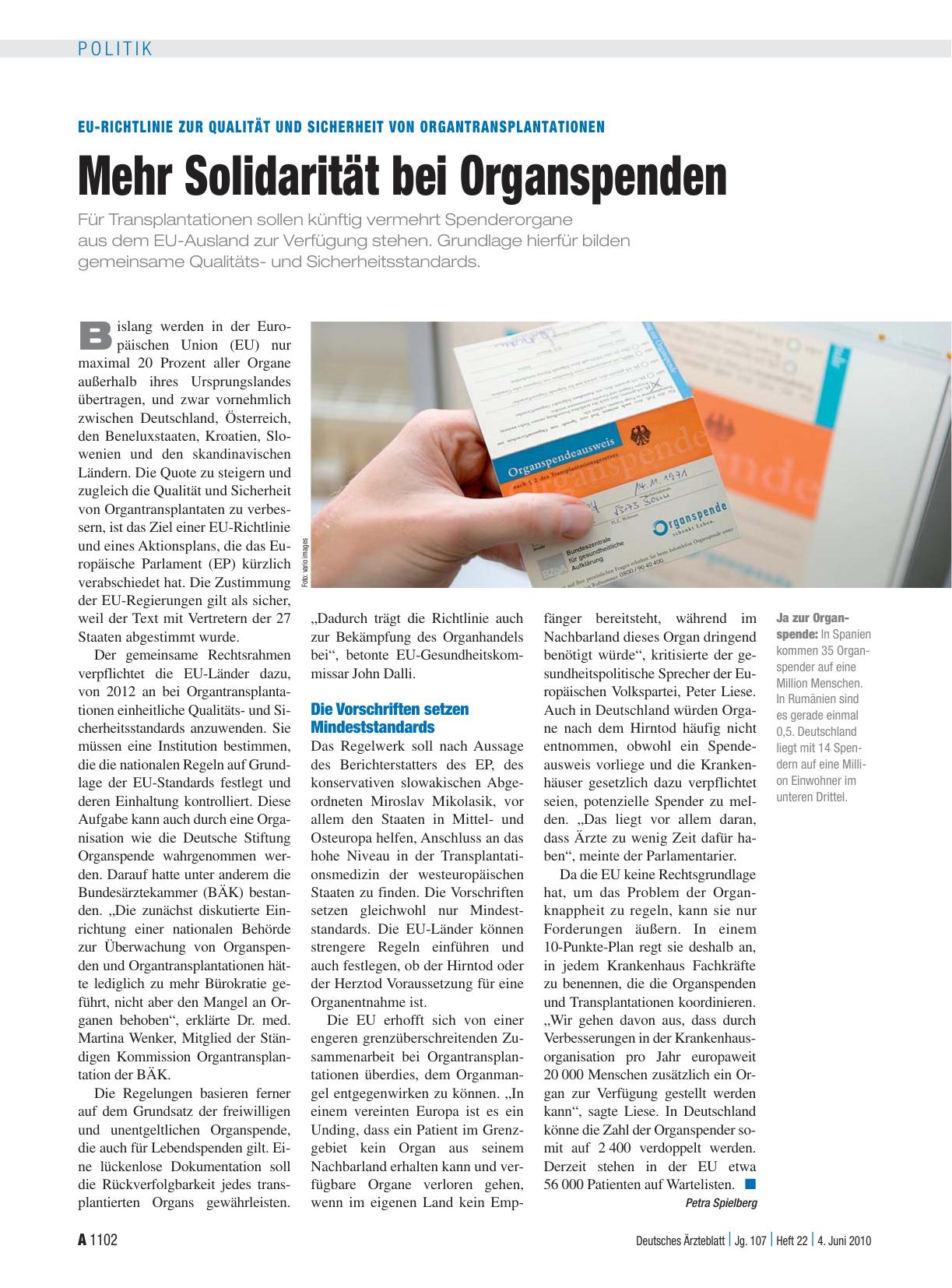 Vorschauseite 1: EU-Richtlinie zur Qualität und Sicherheit von Organtransplantationen: Mehr Solidarität bei Organspenden