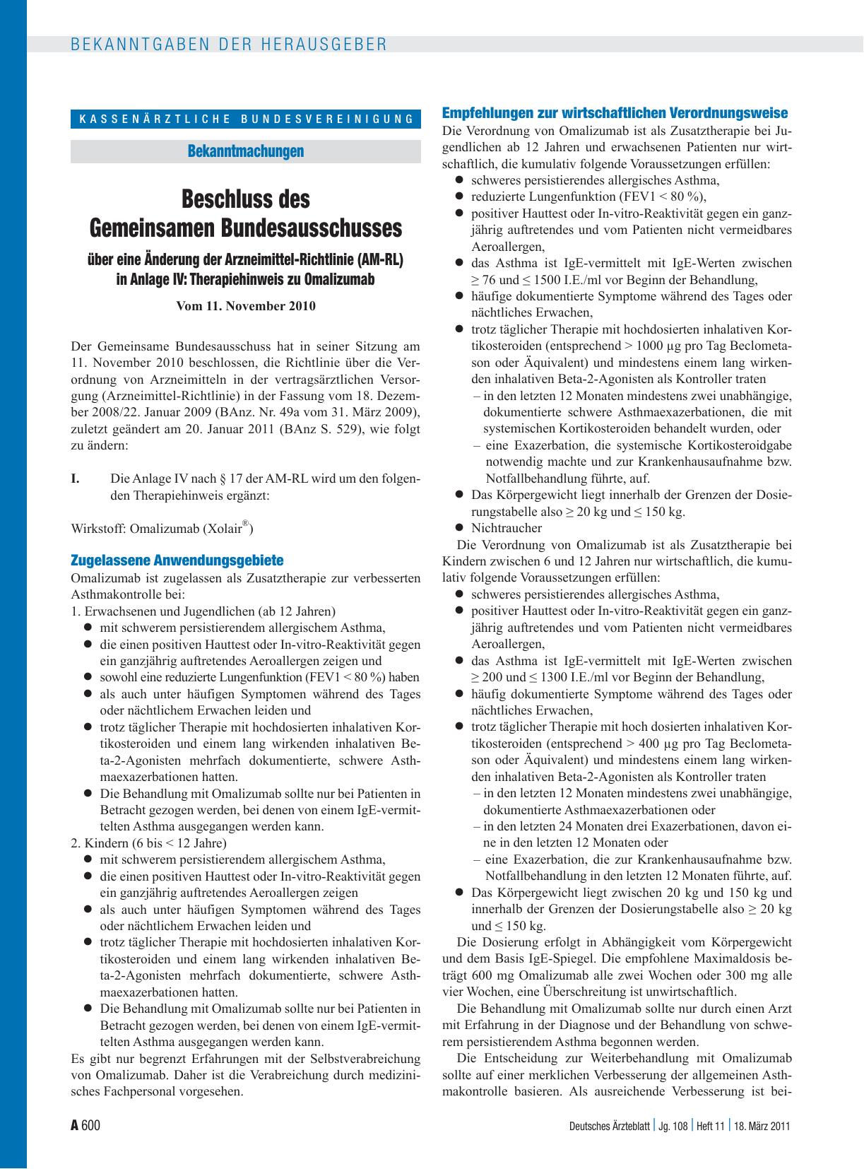 Vorschauseite 1: Beschluss des Gemeinsamen Bundesausschusses über eine Änderung der Arzneimittel-Richtlinie (AM-RL) in Anlage IV: Therapiehinweis zu Omalizumab