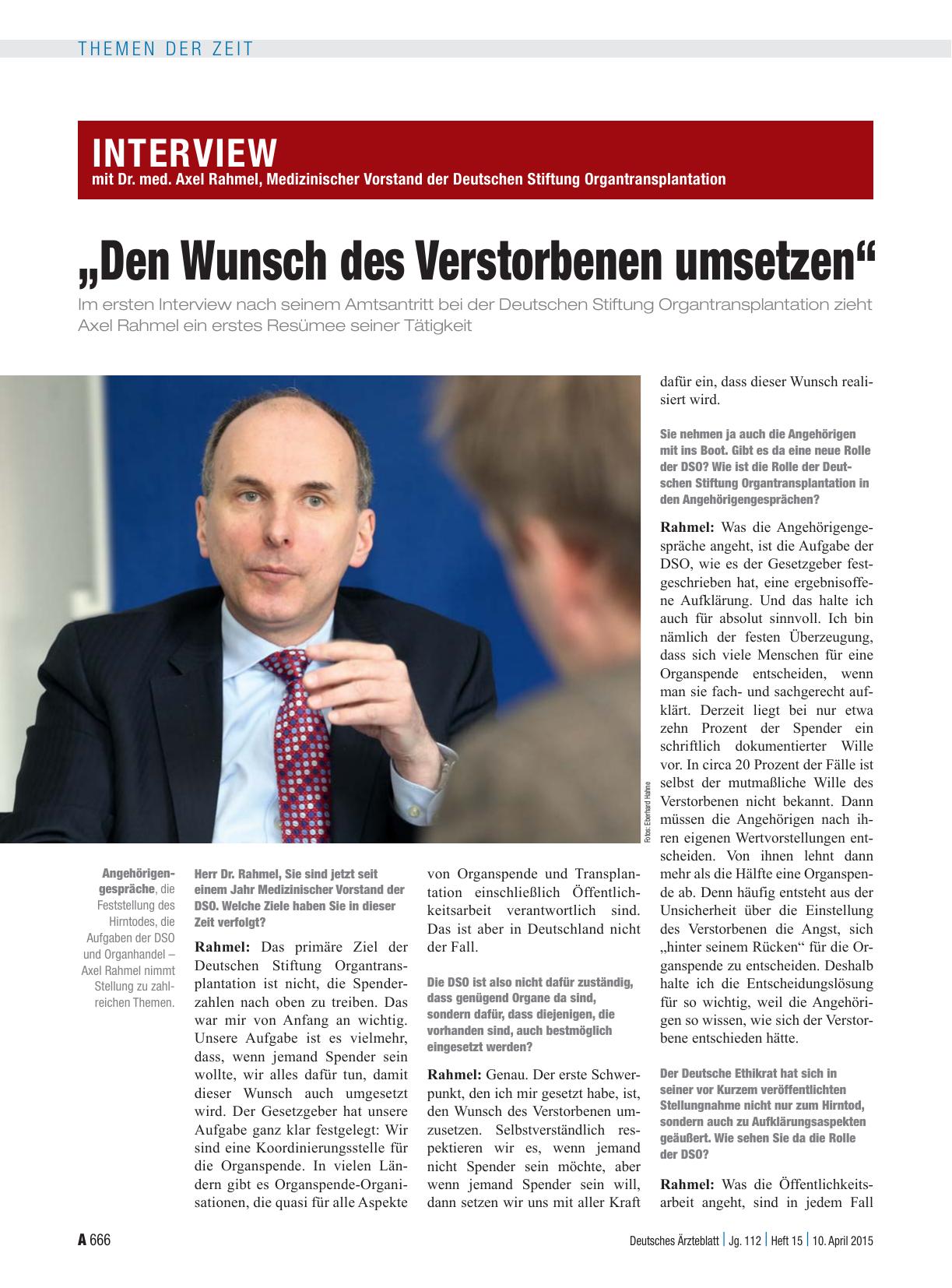 Vorschauseite 1: Interview mit Dr. med. Axel Rahmel, Medizinischer Vorstand der Deutschen Stiftung Organtransplantation: „Den Wunsch des Verstorbenen umsetzen“
