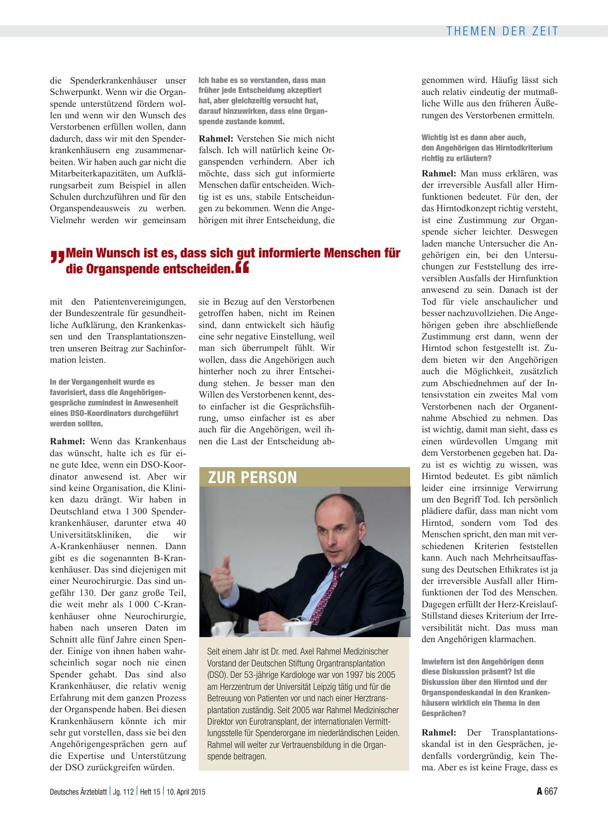 Vorschauseite 2: Interview mit Dr. med. Axel Rahmel, Medizinischer Vorstand der Deutschen Stiftung Organtransplantation: „Den Wunsch des Verstorbenen umsetzen“