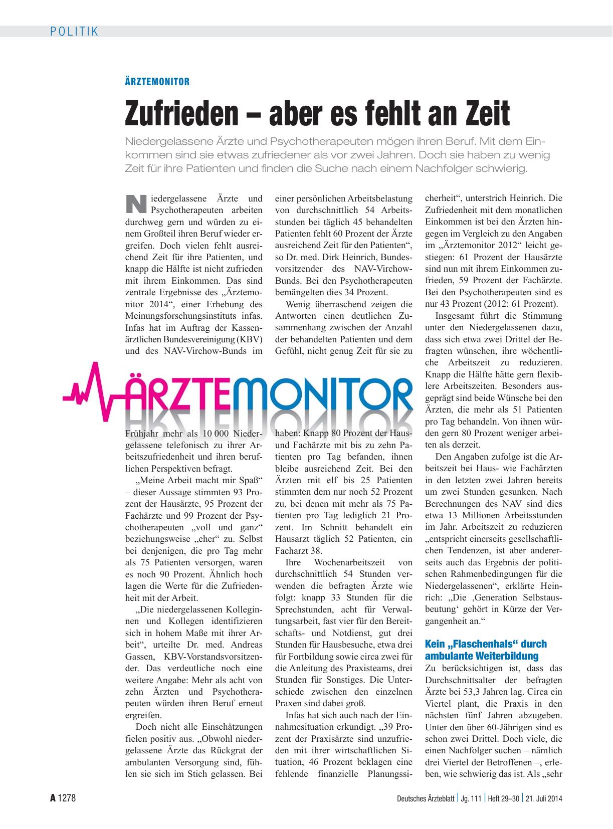 Vorschauseite 1: Ärztemonitor: Zufrieden – aber es fehlt an Zeit