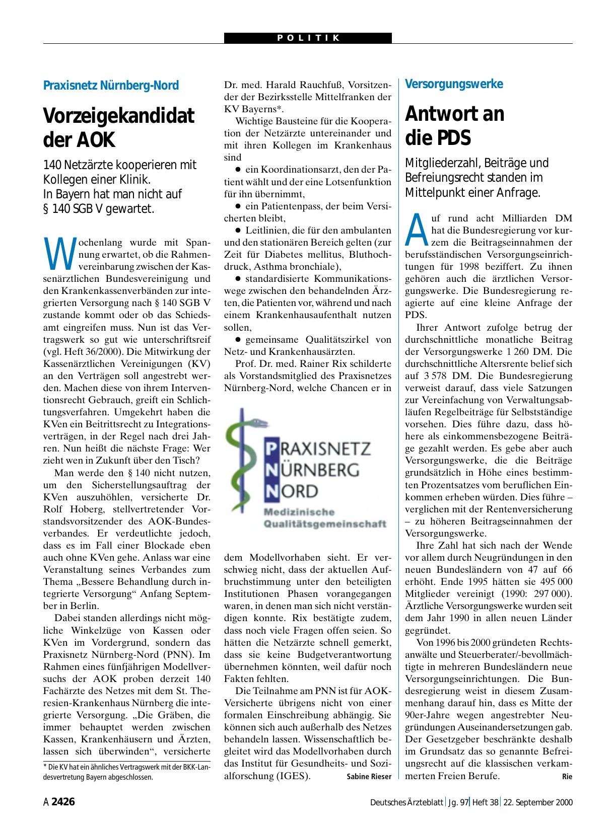 Vorschauseite 1: Versorgungswerke: Antwort an die PDS