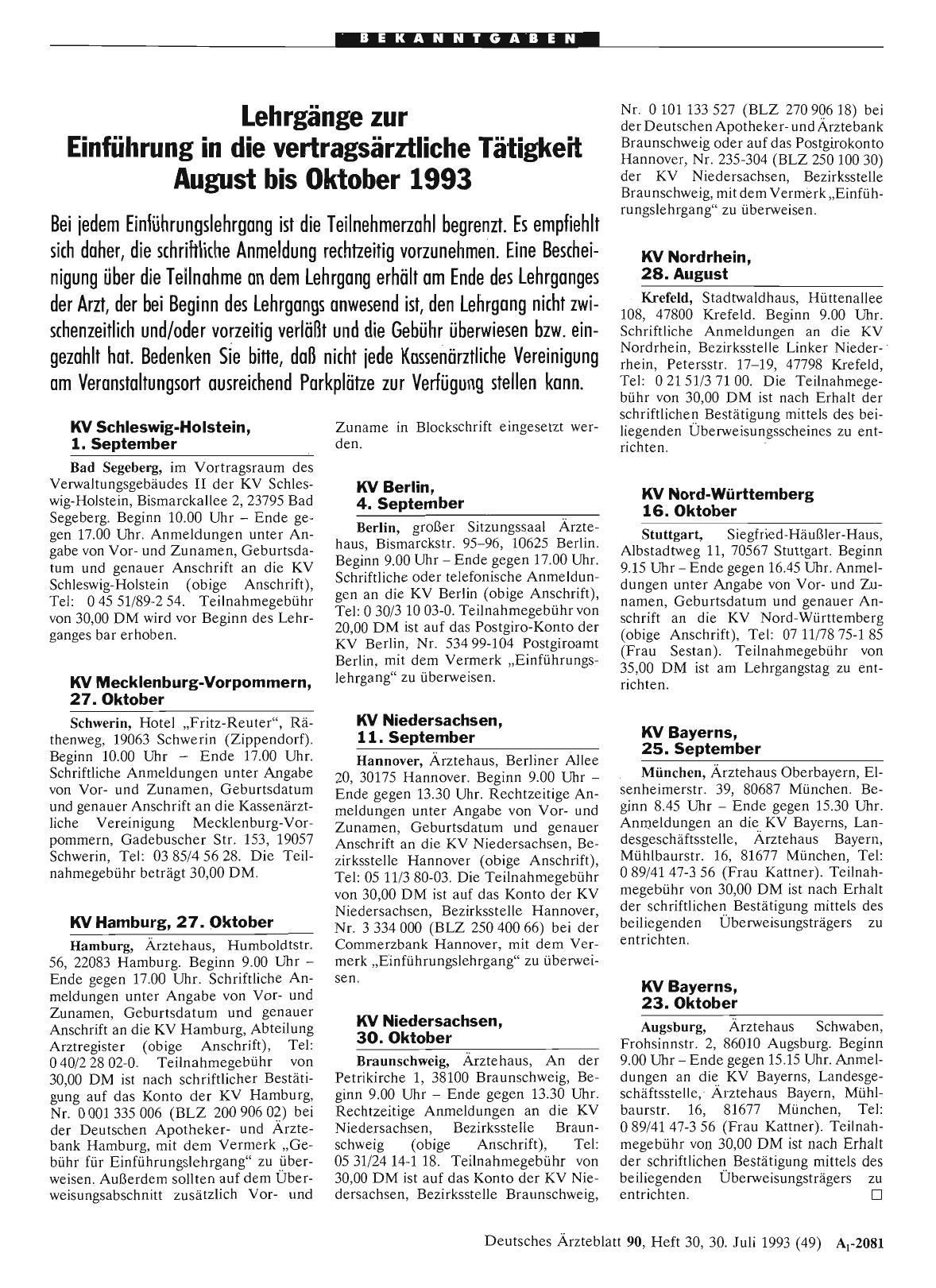 Vorschauseite 1: Lehrgänge zur Einführung in die vertragsärztliche Tätigkeit August bis Oktober 1993