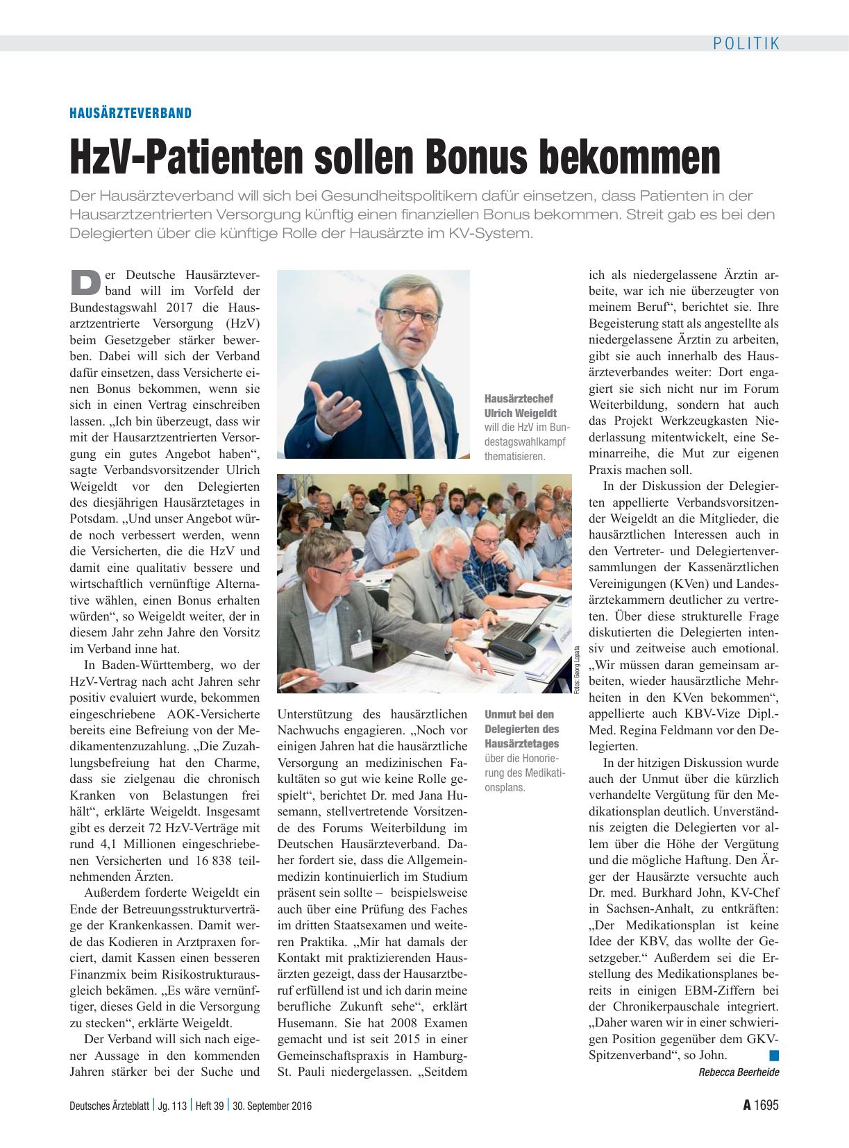 Vorschauseite 1: Hausärzteverband: HzV-Patienten sollen Bonus bekommen