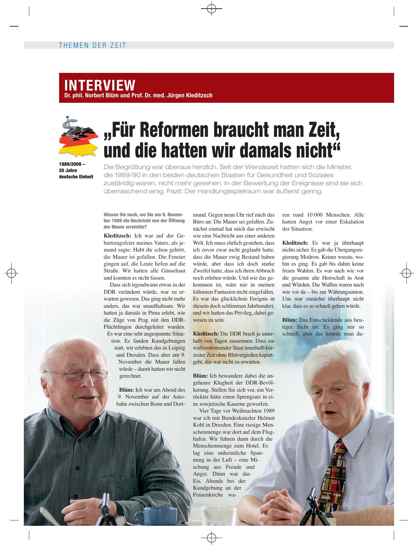 Vorschauseite 1: Interview mit Dr. phil. Norbert Blüm und Prof. Dr. med. Jürgen Kleditzsch: „Für Reformen braucht man Zeit, und die hatten wir damals nicht“