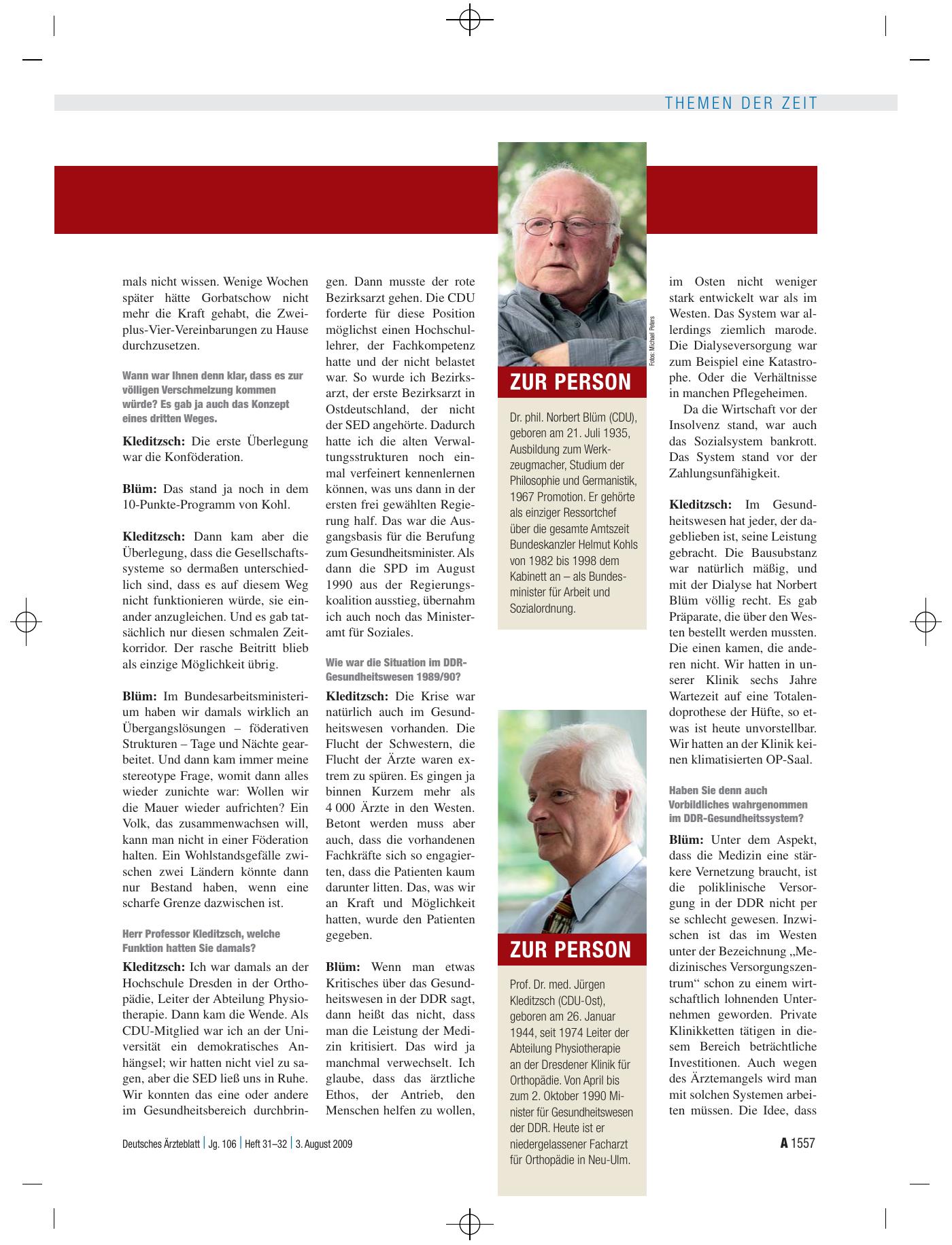 Vorschauseite 2: Interview mit Dr. phil. Norbert Blüm und Prof. Dr. med. Jürgen Kleditzsch: „Für Reformen braucht man Zeit, und die hatten wir damals nicht“
