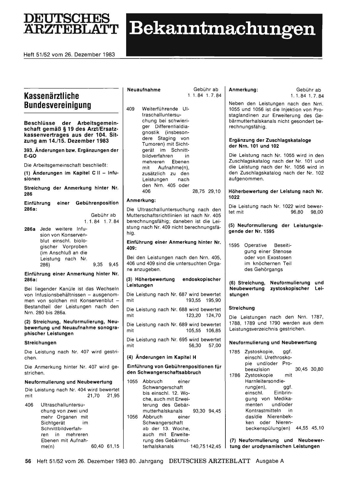 Vorschauseite 1: Beschlüsse der Arbeitsgemeinschaft gemäß § 19 des Arzt/Ersatzkassenvertrages aus der 104. Sitzung am 14. /15. Dezember 1983