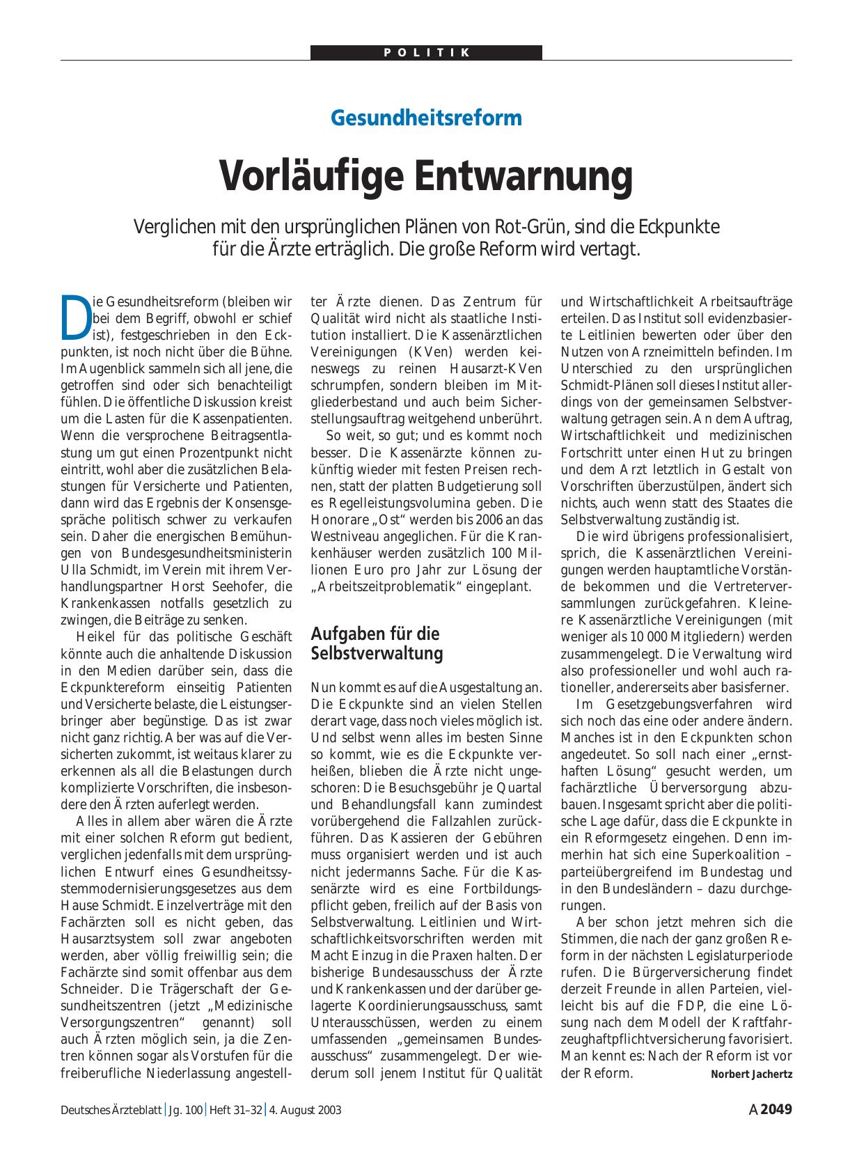 Vorschauseite 1: Gesundheitsreform: Vorläufige Entwarnung