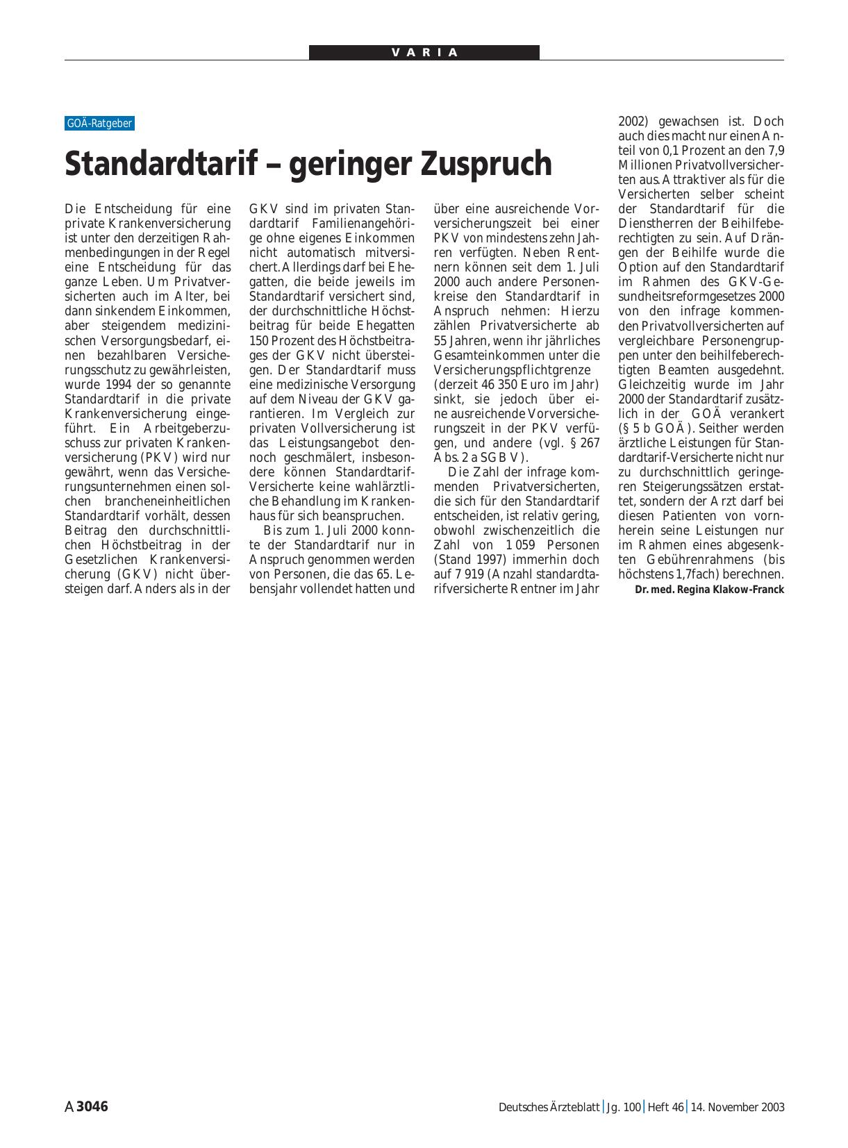 Vorschauseite 1: Standardtarif – geringer Zuspruch