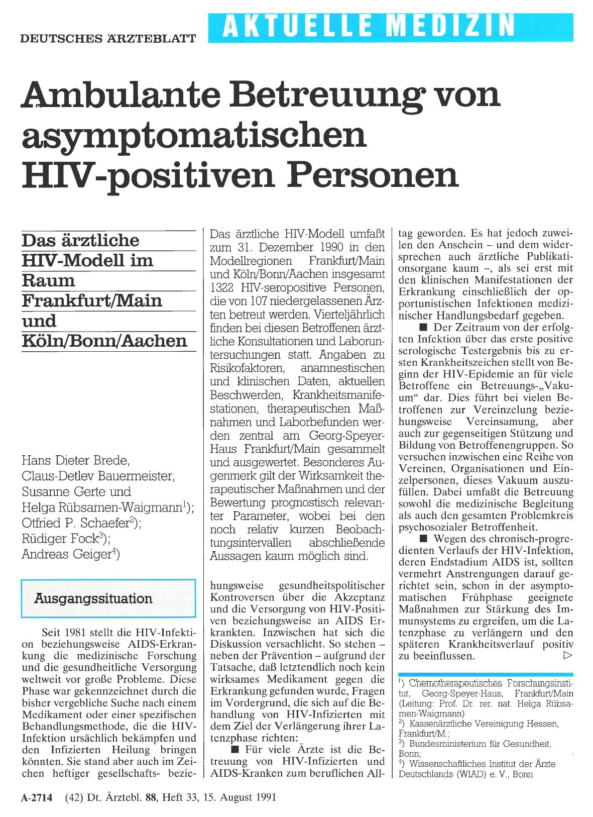 Vorschauseite 1: Ambulante Betreuung von asymptomatischen HIV-positiven Personen: Das ärztliche HIV-Modell im Raum Frankfurt/Main und Köln/Bonn/Aachen