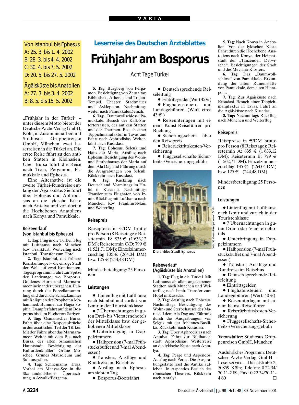 Vorschauseite 1: Leserreise des Deutschen Ärzteblattes: Frühjahr am Bosporus