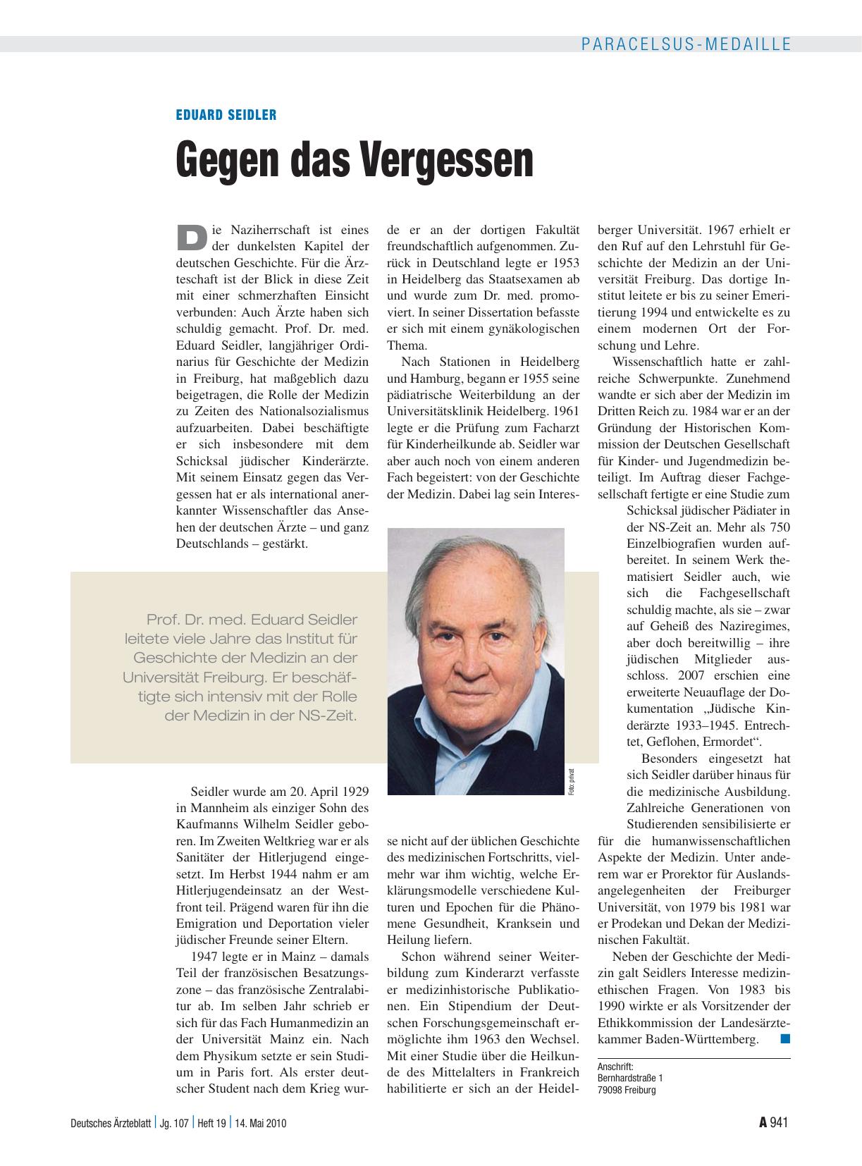 Vorschauseite 1: Eduard Seidler: Gegen das Vergessen