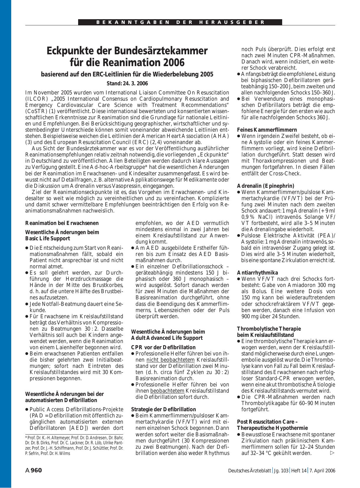 Vorschauseite 1: Eckpunkte der Bundesärztekammer für die Reanimation 2006 basierend auf den ERC-Leitlinien für die Wiederbelebung 2005 / Stand: 24. 3. 2006
