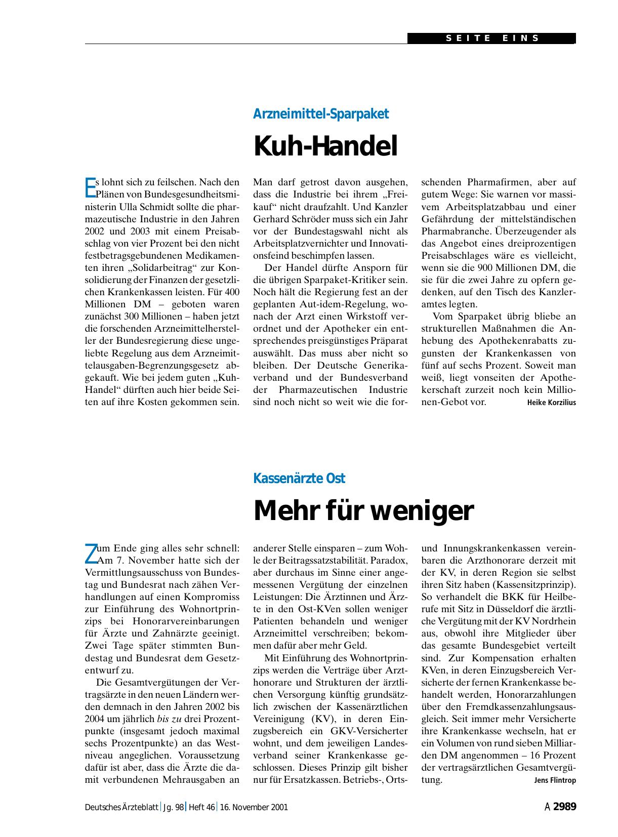 Vorschauseite 1: Arzneimittel-Sparpaket: Kuh-Handel
