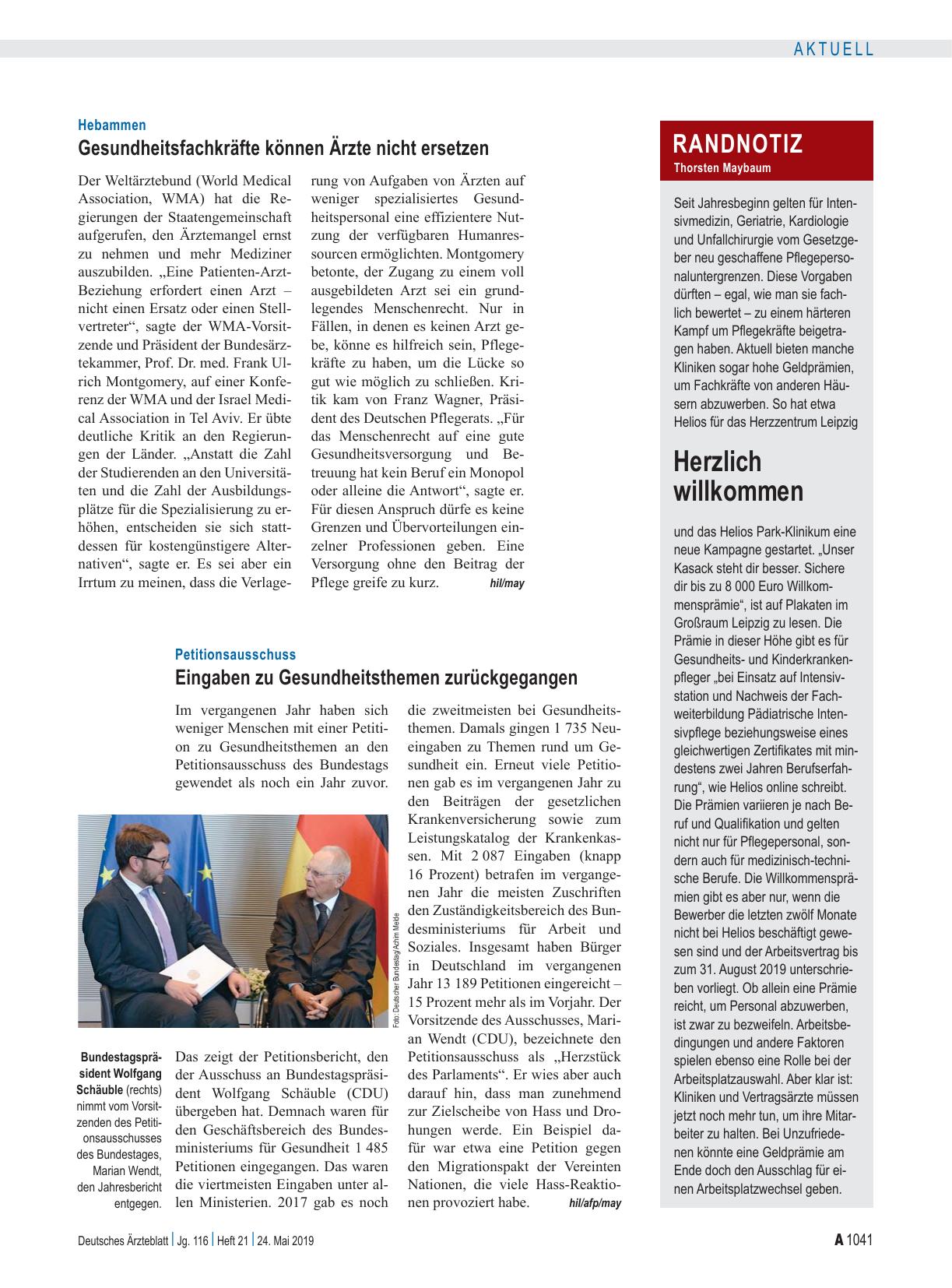Vorschauseite 1: Petitionsausschuss: Eingaben zu Gesundheitsthemen zurückgegangen