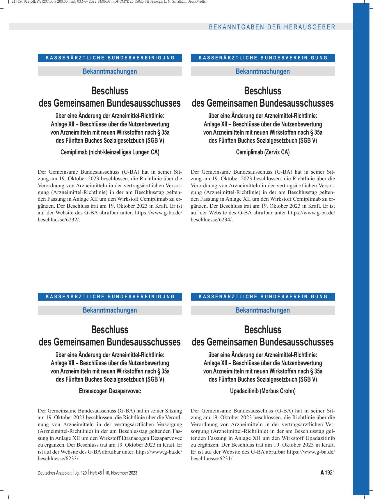 Vorschauseite 1: Beschluss des Gemeinsamen Bundesausschusses über eine Änderung der Arzneimittel-Richtlinie: Upadacitinib (Morbus Crohn)