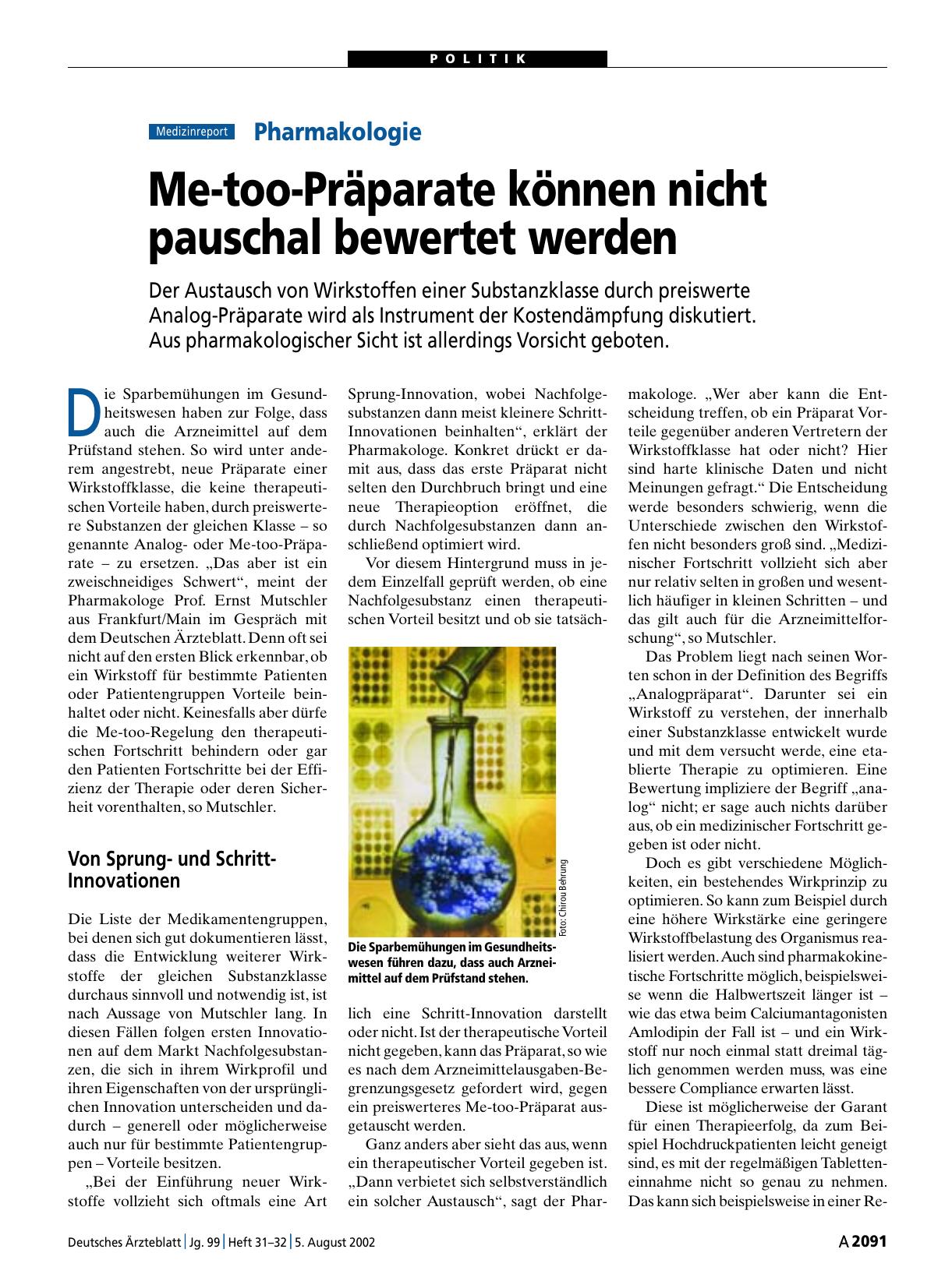Vorschauseite 1: Pharmakologie: Me-too-Präparate können nicht pauschal bewertet werden