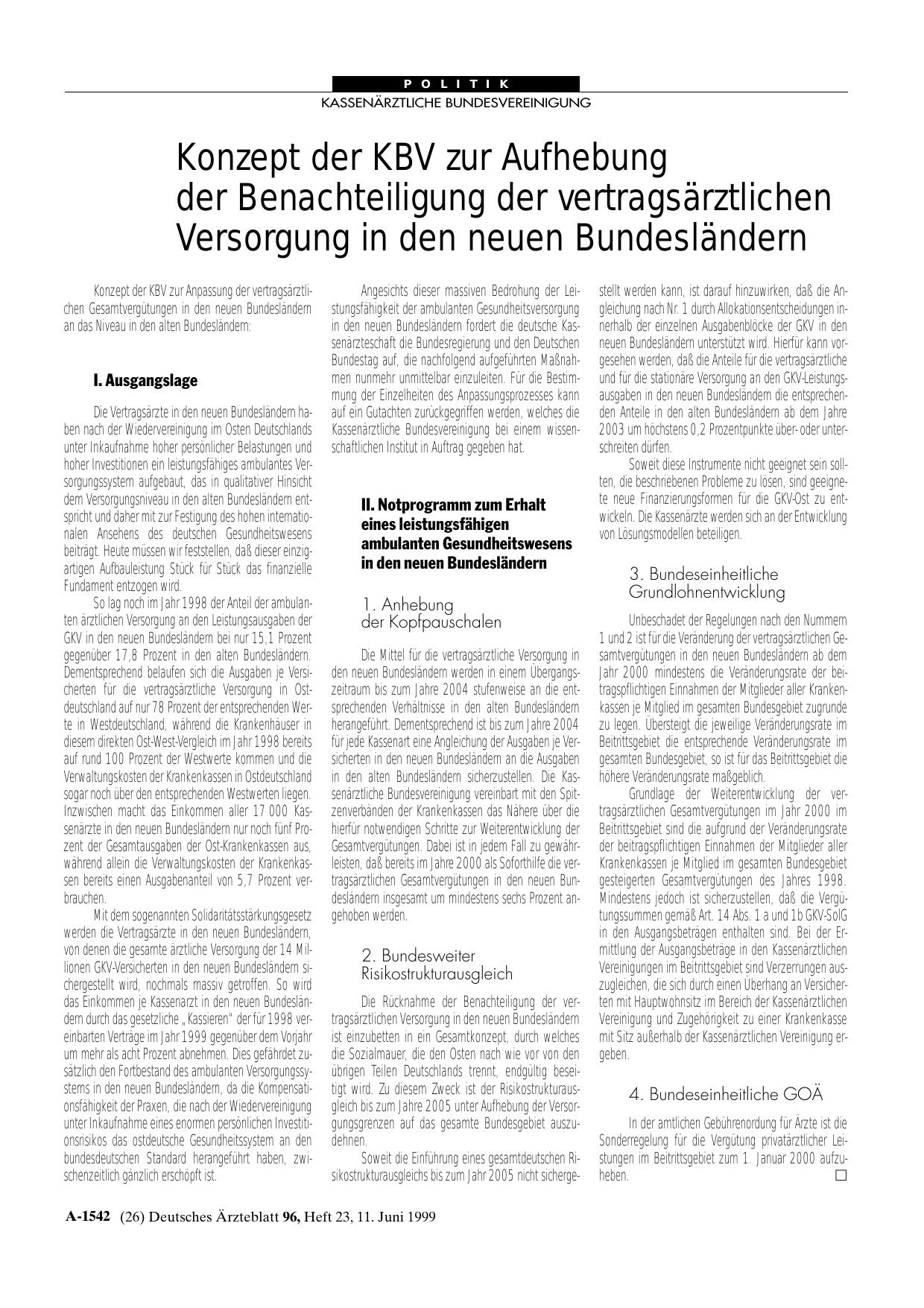Vorschauseite 1: Konzept der KBV zur Aufhebung der Benachteiligung der vertragsärztlichen Versorgung in den neuen Bundesländern