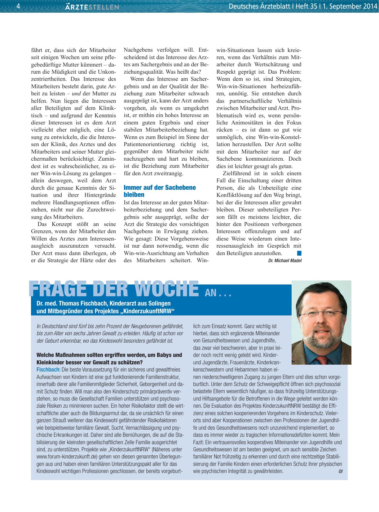 Vorschauseite 1: Frage der Woche an. .. Dr. med. Thomas Fischbach, Kinderarzt aus Solingen und Mitbegründer des Projektes „KinderzukunftNRW“