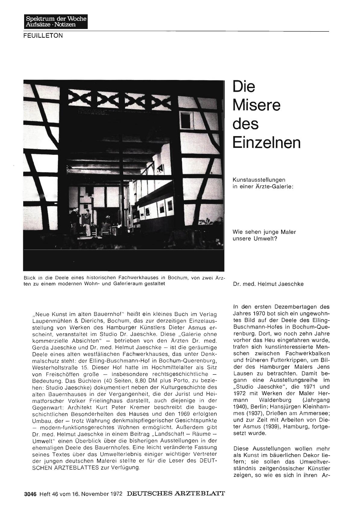 Vorschauseite 1: Die Misere des Einzelnen: Kunstausstellungen in einer Ärzte-Galerie: Wie sehen junge Maler unsere Umwelt?