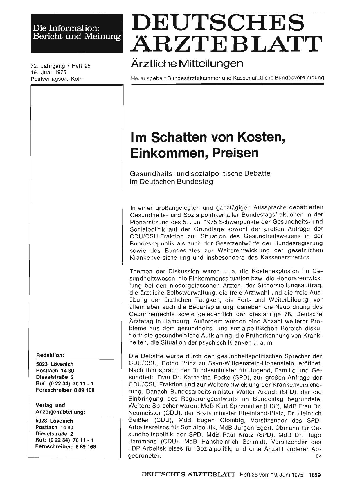 Vorschauseite 1: Im Schatten von Kosten, Einkommen, Preisen: Gesundheitsund sozialpolitische Debatte im Deutschen Bundestag