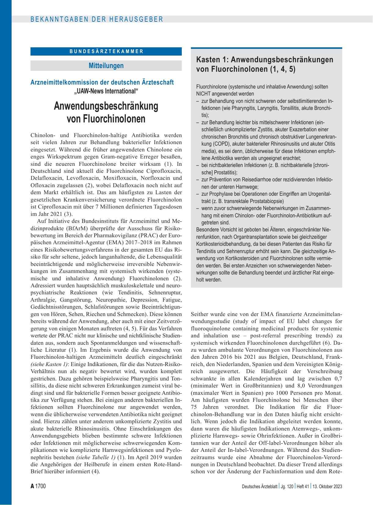 Vorschauseite 1: Arzneimittelkommission der deutschen Ärzteschaft: „UAW-News International“ — Anwendungsbeschränkung von Fluorchinolonen Literatur