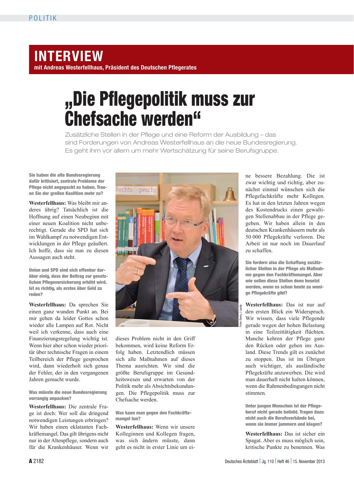 Vorschauseite 1: Interview mit Andreas Westerfellhaus, Präsident des Deutschen Pflegerates: „Die Pflegepolitik muss zur Chefsache werden“