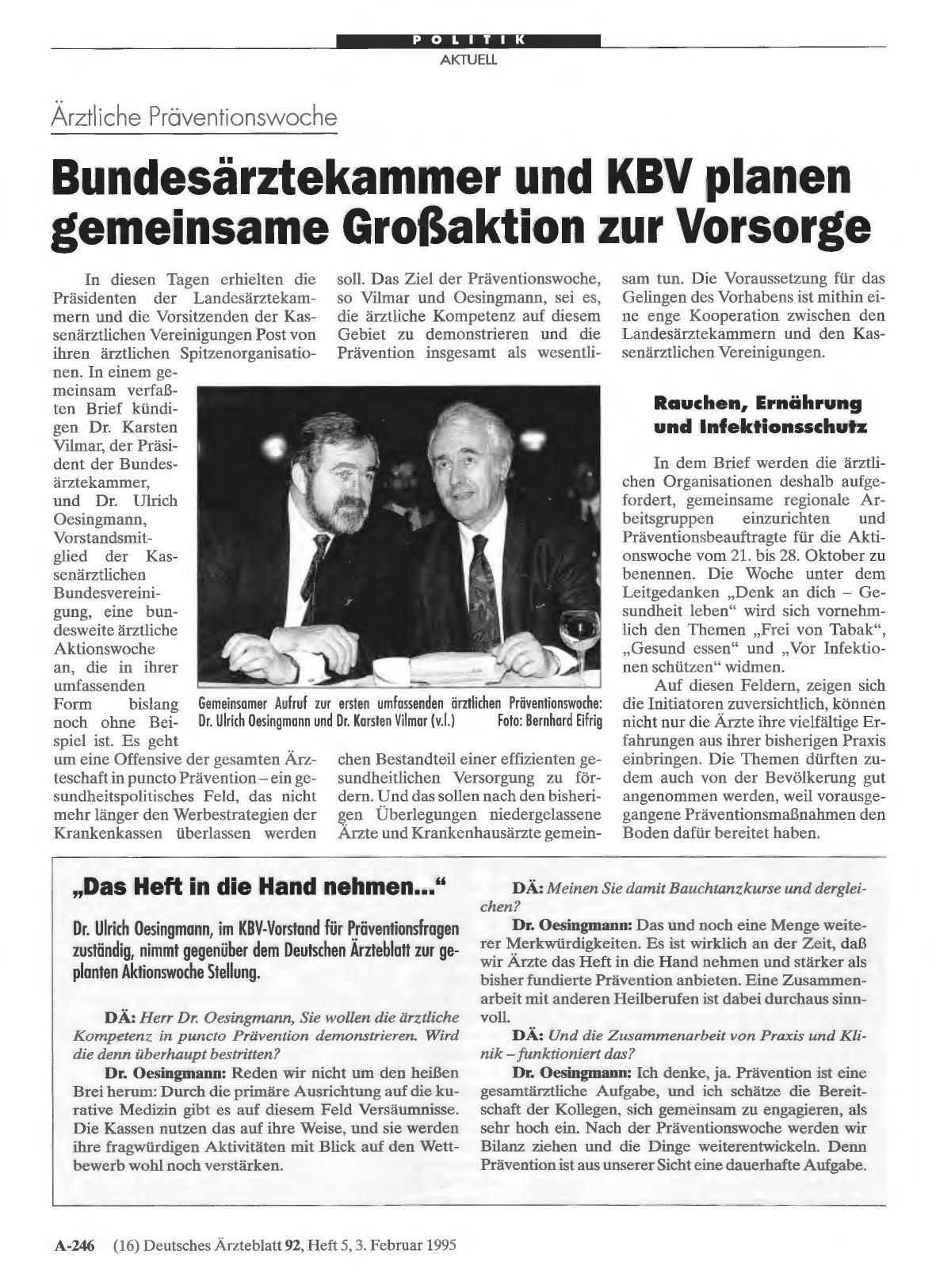 Vorschauseite 1: Ärztliche Präventionswoche: Bundesärztekammer und Ulf planen gemeinsame Großaktion zur Vorsorge
