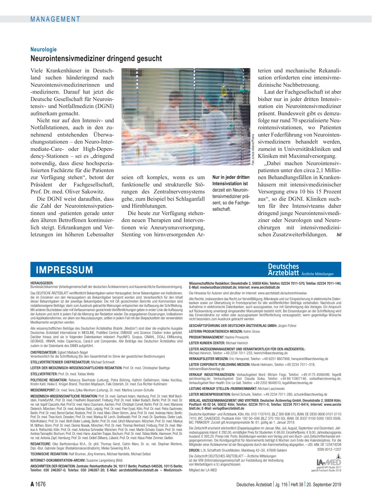Vorschauseite 1: Neurologie: Neurointensivmediziner dringend gesucht