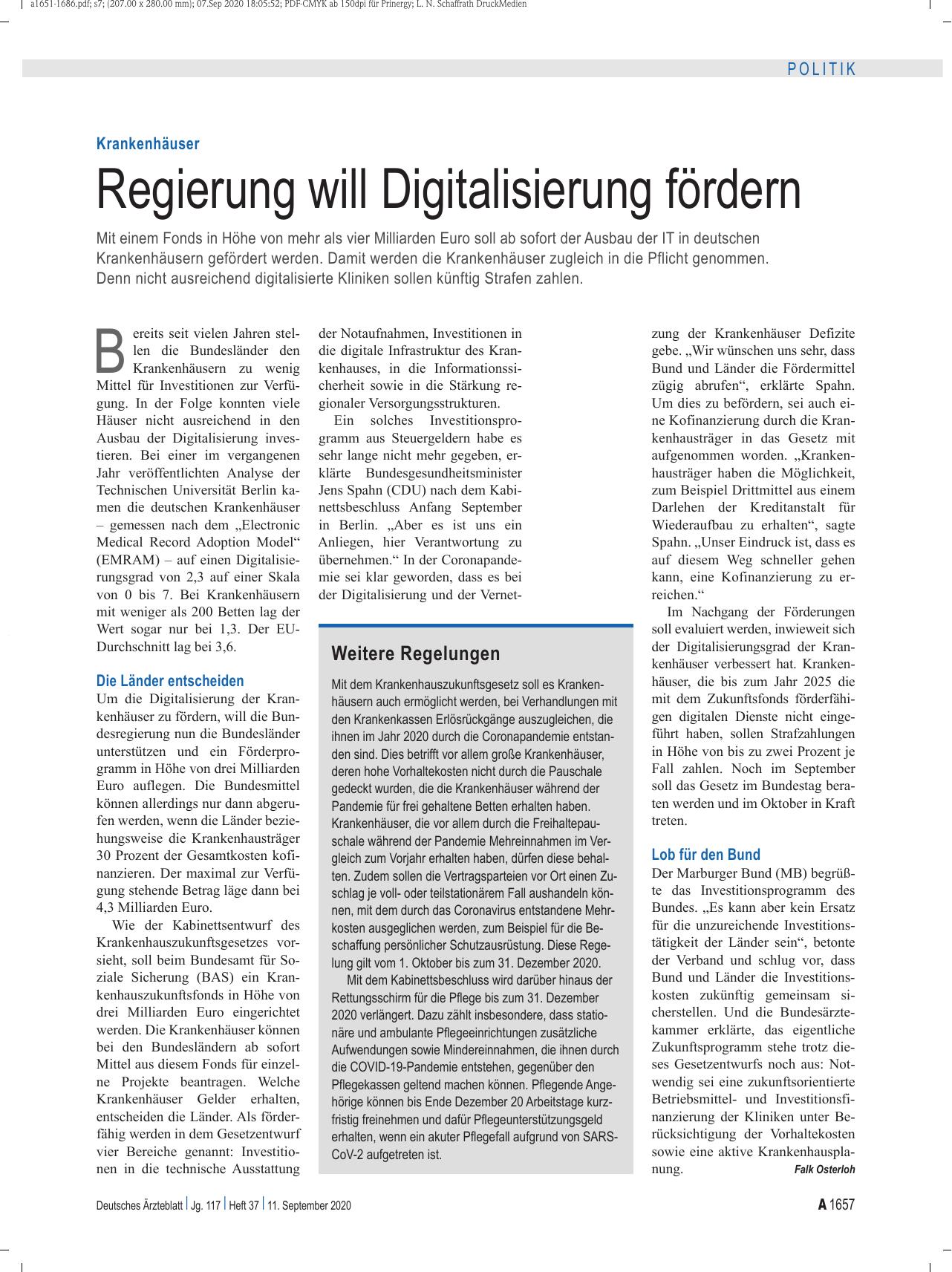 Vorschauseite 1: Krankenhäuser: Regierung will Digitalisierung fördern