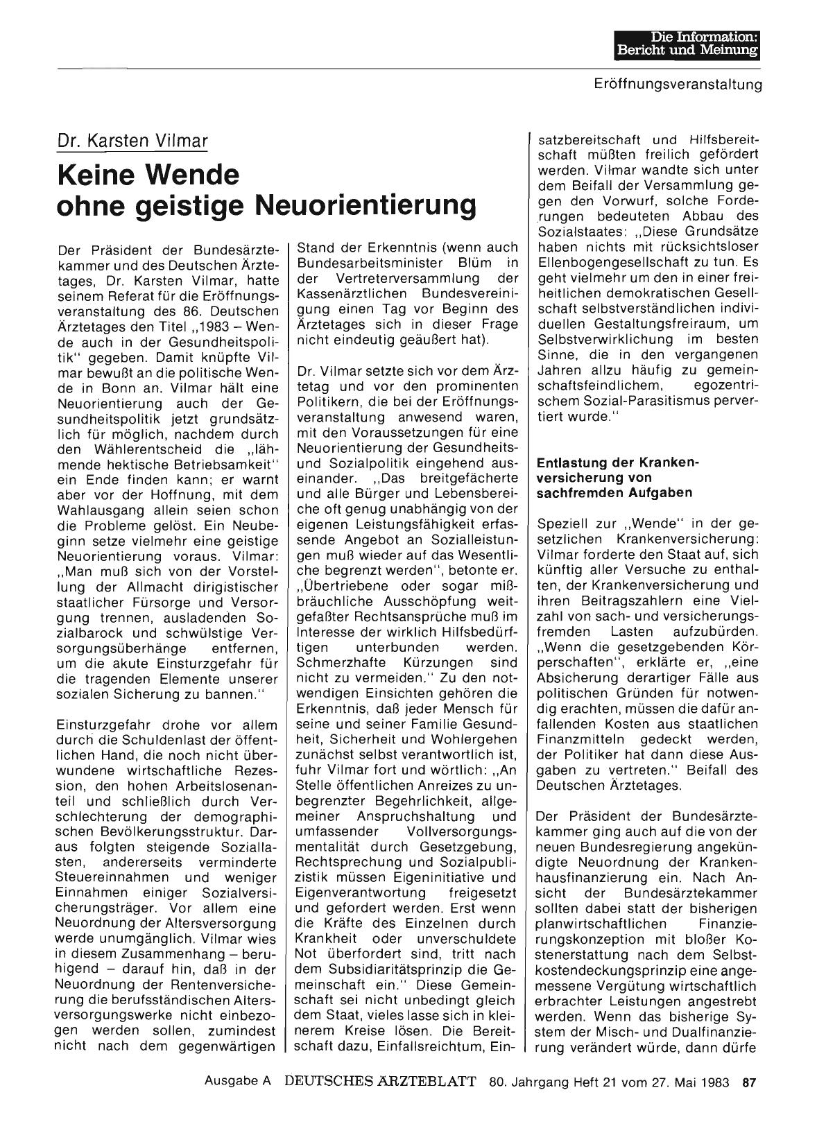 Vorschauseite 1: Dr. Karsten Vilmar: Keine Wende ohne geistige Neuorientierung
