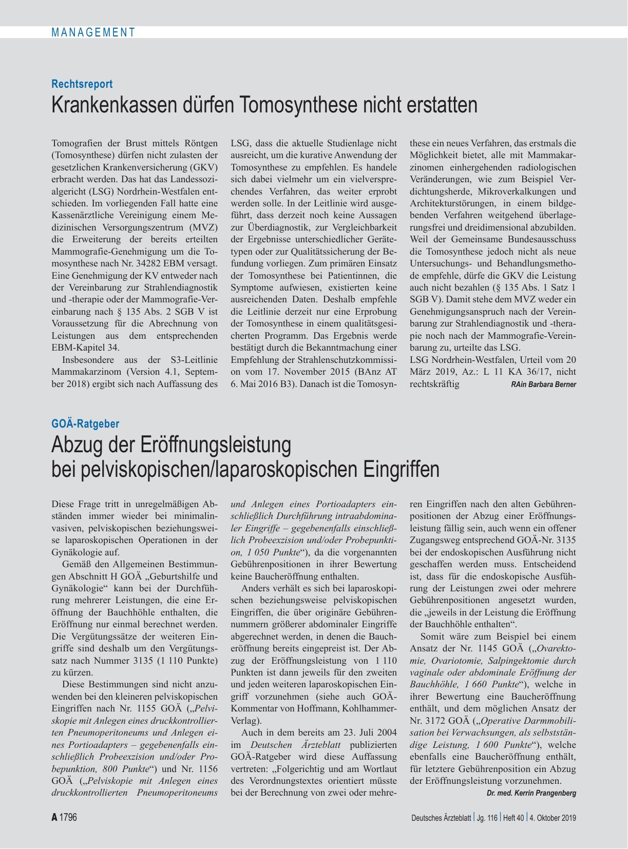 Vorschauseite 1: GOÄ-Ratgeber: Abzug der Eröffnungsleistung bei pelviskopischen/laparoskopischen Eingriffen