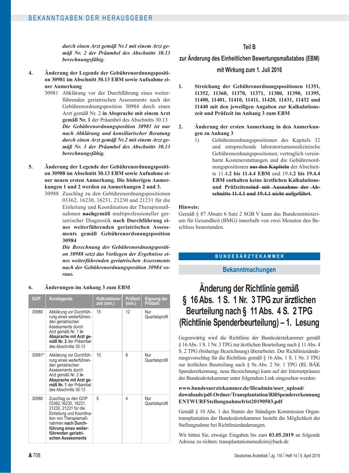 Vorschauseite 1: Änderung der Richtlinie gemäß § 16 Abs. 1 S. 1 Nr. 3 TPG zur ärztlichen Beurteilung nach § 11 Abs. 4 S. 2 TPG (Richtlinie Spenderbeurteilung) – 1. Lesung