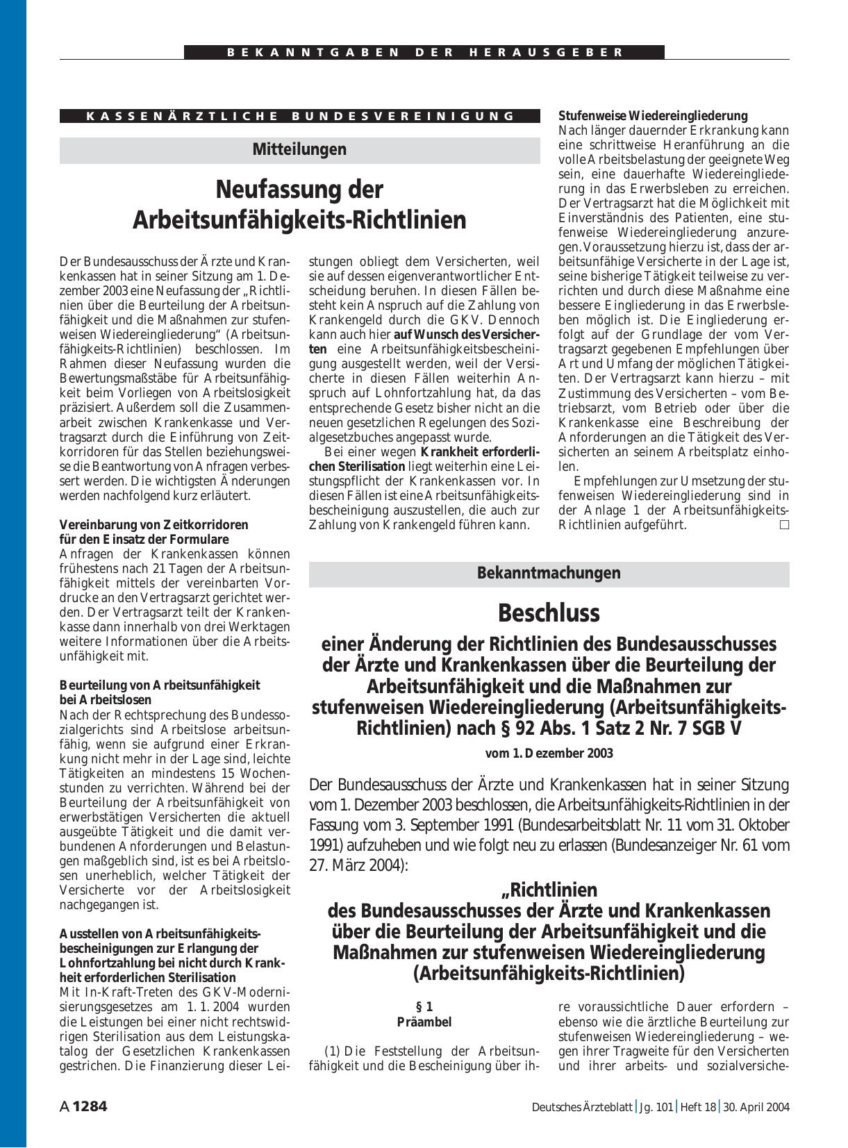 Vorschauseite 1: Mitteilungen: Neufassung der Arbeitsunfähigkeits-Richtlinien