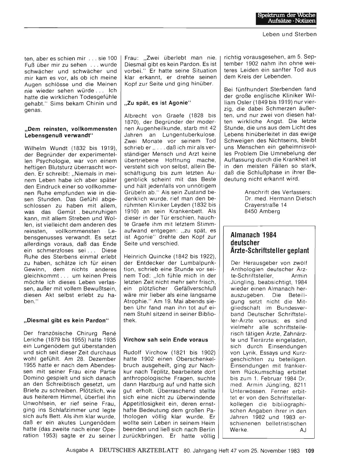 Vorschauseite 1: Almanach 1984 deutscher Ärzte-Schriftsteller geplant