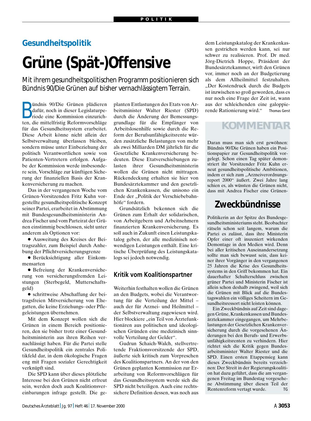 Vorschauseite 1: Gesundheitspolitik: Grüne (Spät-)Offensive