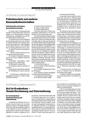 Vorschauseite 1: Entschließungen zum Tagesordnungspunkt IV: Arzt im Krankenhaus - Standortbestimmung und Zielorientierung