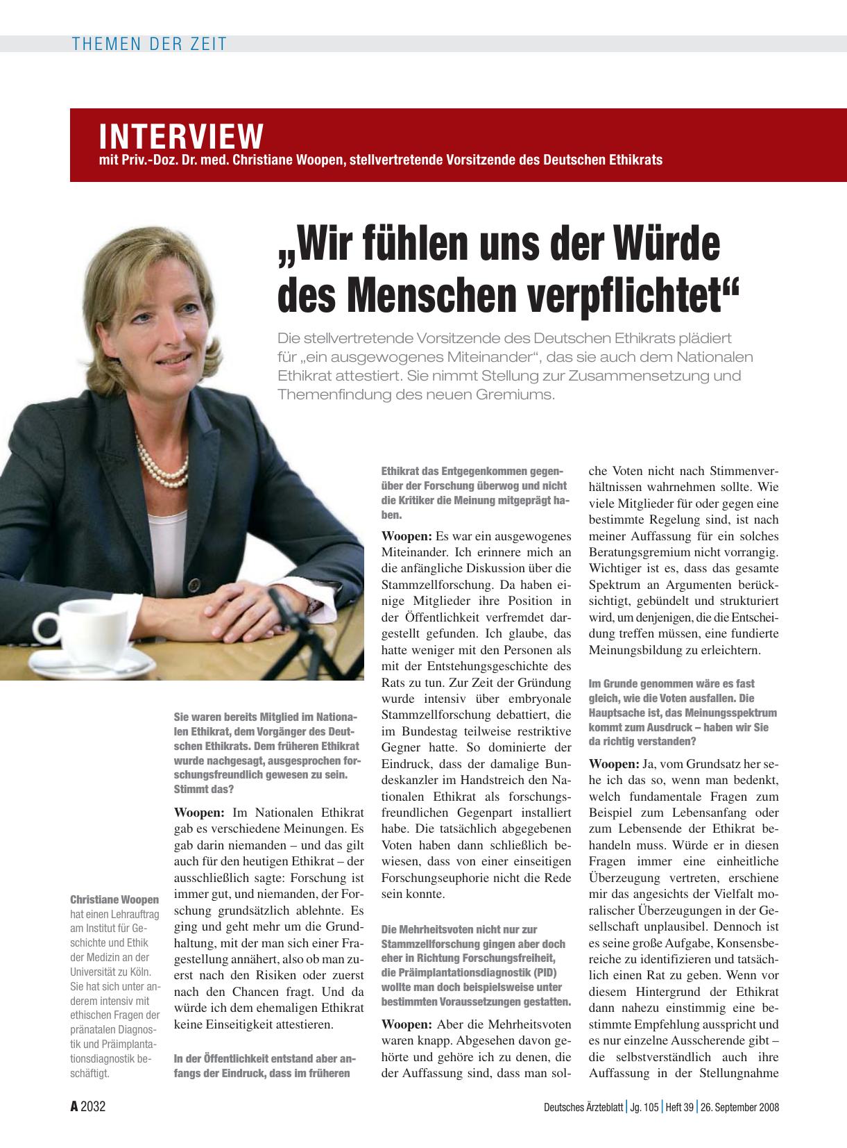 Vorschauseite 1: Interview mit Priv. -Doz. Dr. med. Christiane Woopen, stellvertretende Vorsitzende des Deutschen Ethikrats: „Wir fühlen uns der Würde des Menschen verpflichtet“