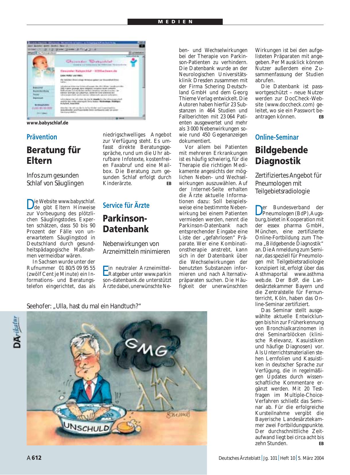 Vorschauseite 1: Service für Ärzte: Parkinson-Datenbank