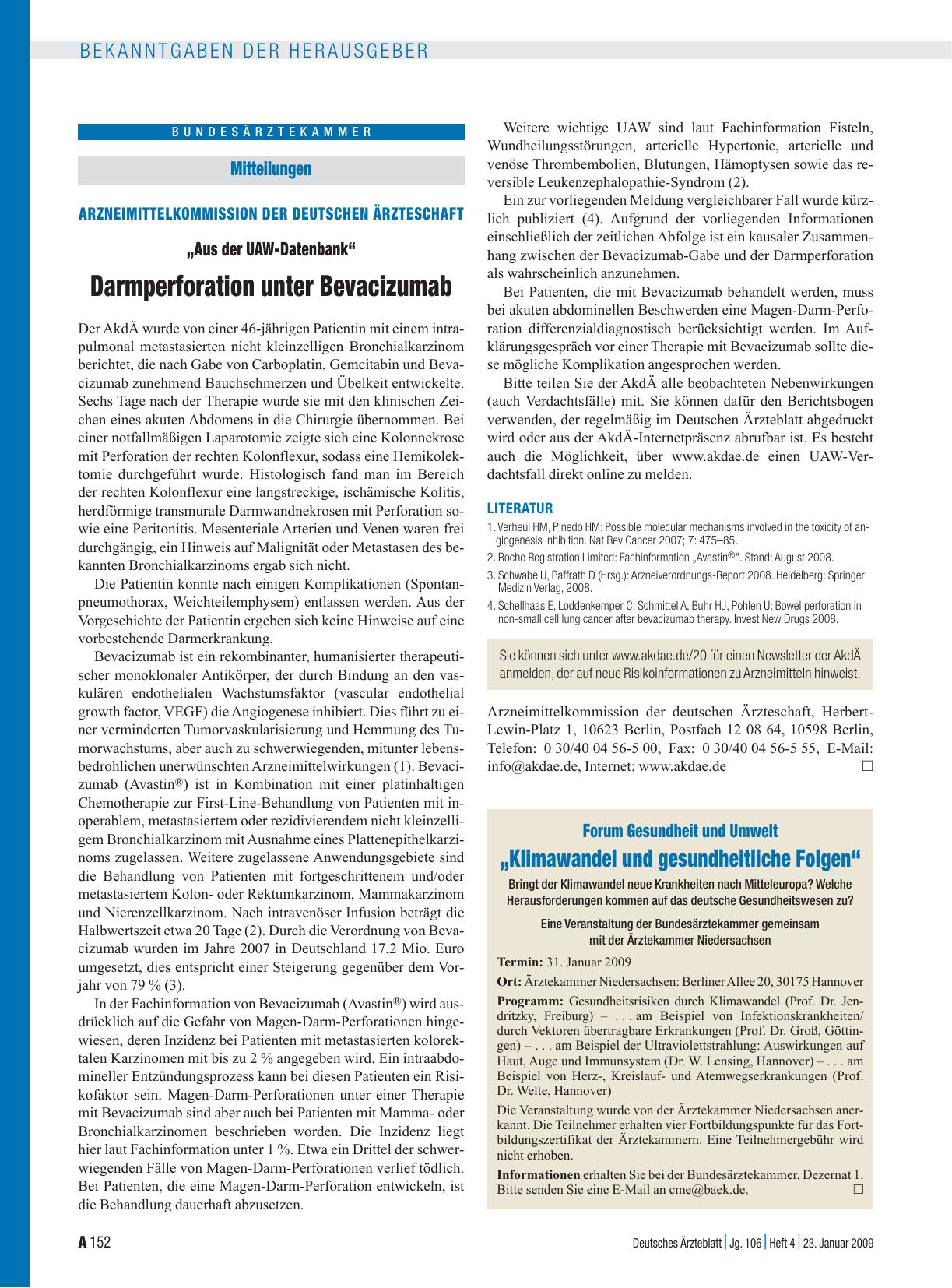 Vorschauseite 1: Mitteilungen - Arzneimittelkommission der deutschen Ärzteschaft: „Aus der UAW-Datenbank“ - Darmperforation unter Bevacizumab