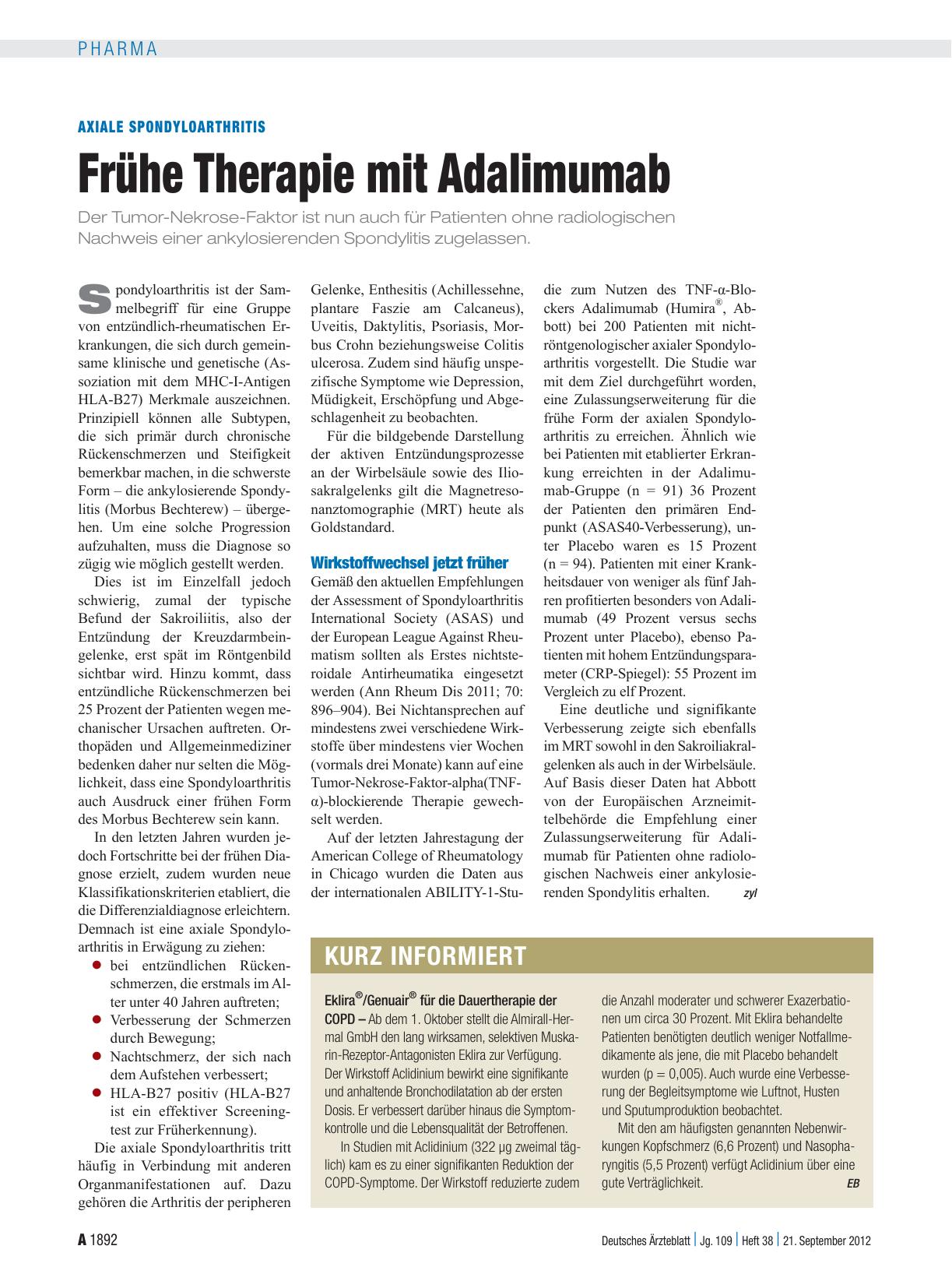 Vorschauseite 1: Axiale Spondyloarthritis: Frühe Therapie mit Adalimumab
