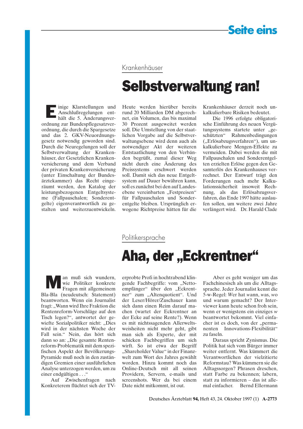 Vorschauseite 1: Politikersprache: Aha, der „Eckrentner“
