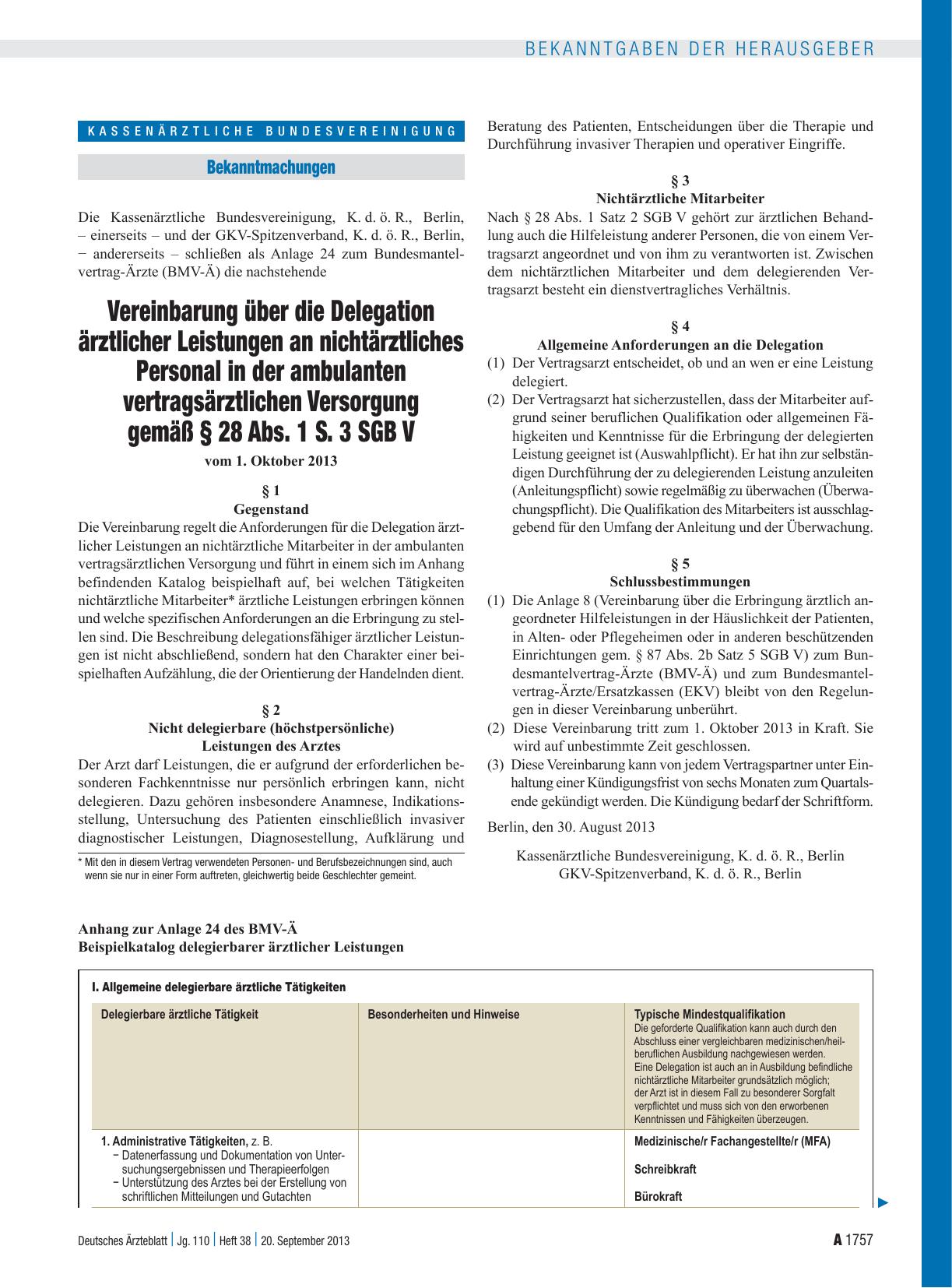 Vorschauseite 1: Vereinbarung über die Delegation ärztlicher Leistungen an nichtärztliches Personal in der ambulanten vertragsärztlichen Versorgung gemäß § 28 Abs. 1 S. 3 SGB V
