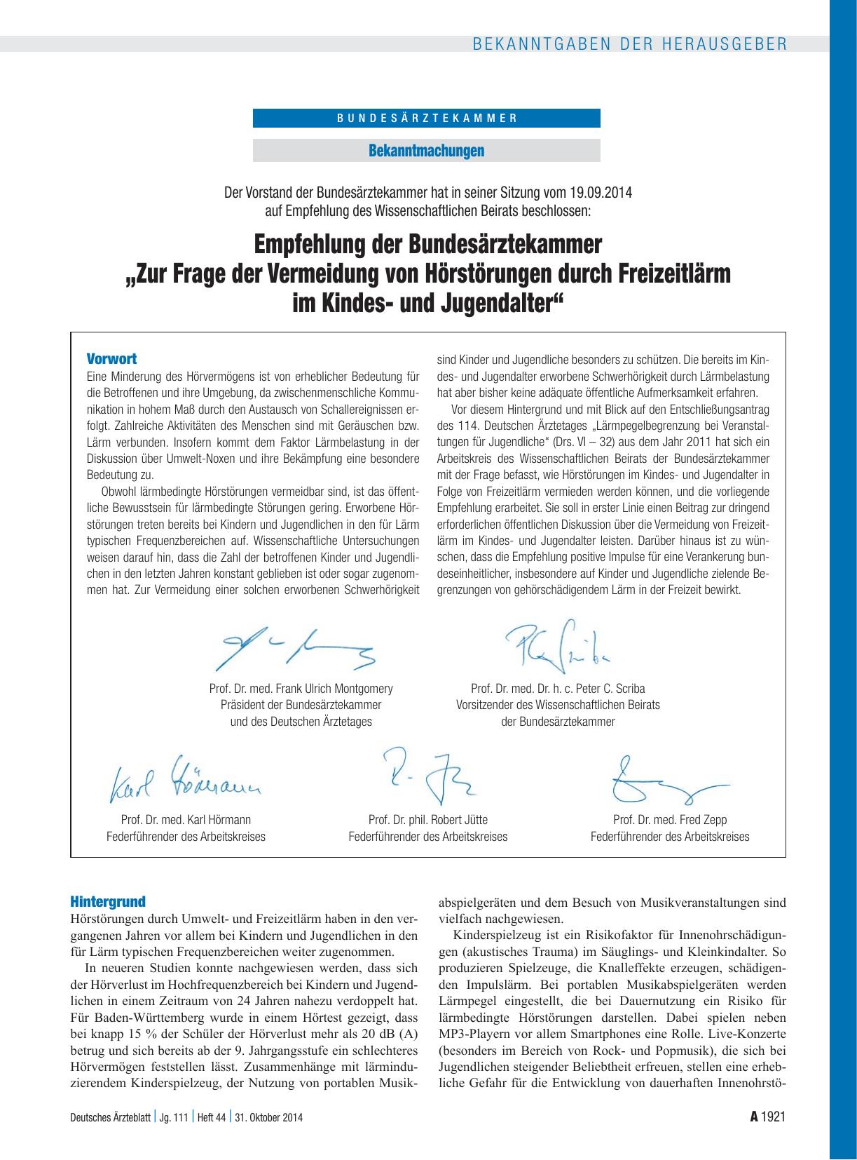 Vorschauseite 1: Empfehlung der Bundesärztekammer „Zur Frage der Vermeidung von Hörstörungen durch Freizeitlärm im Kindesund Jugendalter“