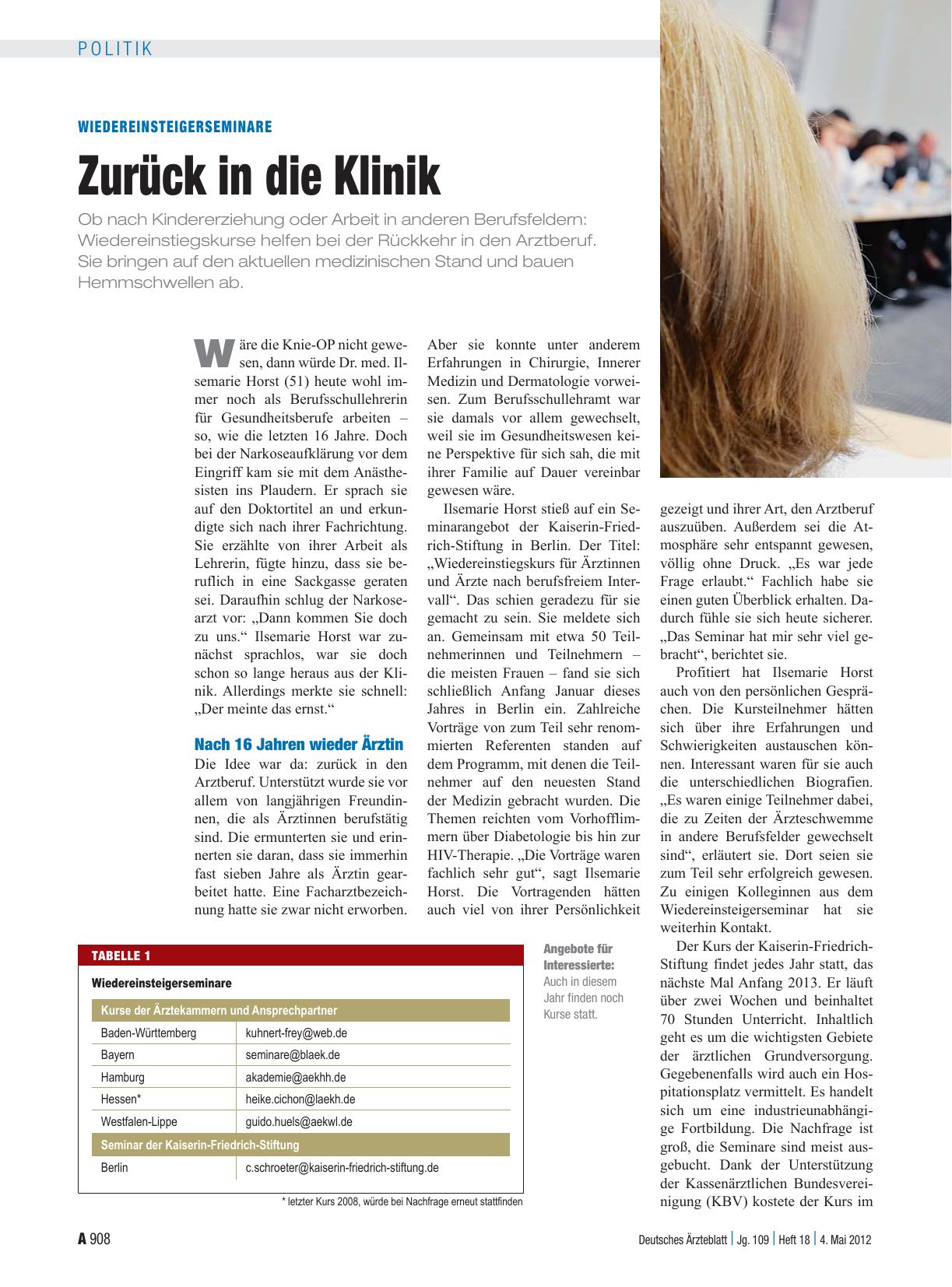 Vorschauseite 1: Wiedereinsteigerseminare: Zurück in die Klinik