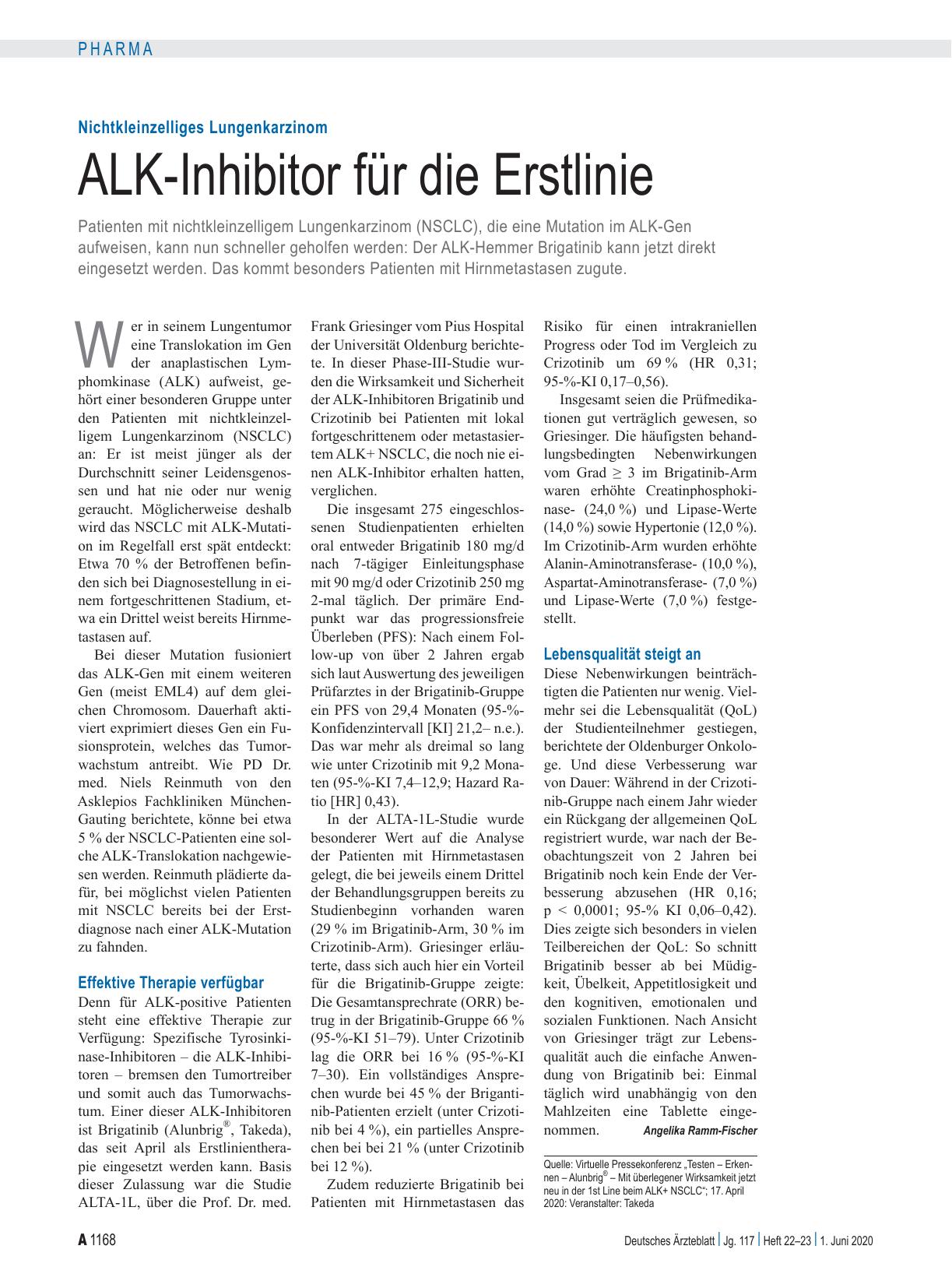 Vorschauseite 1: Nichtkleinzelliges Lungenkarzinom: ALK-Inhibitor für die Erstlinie
