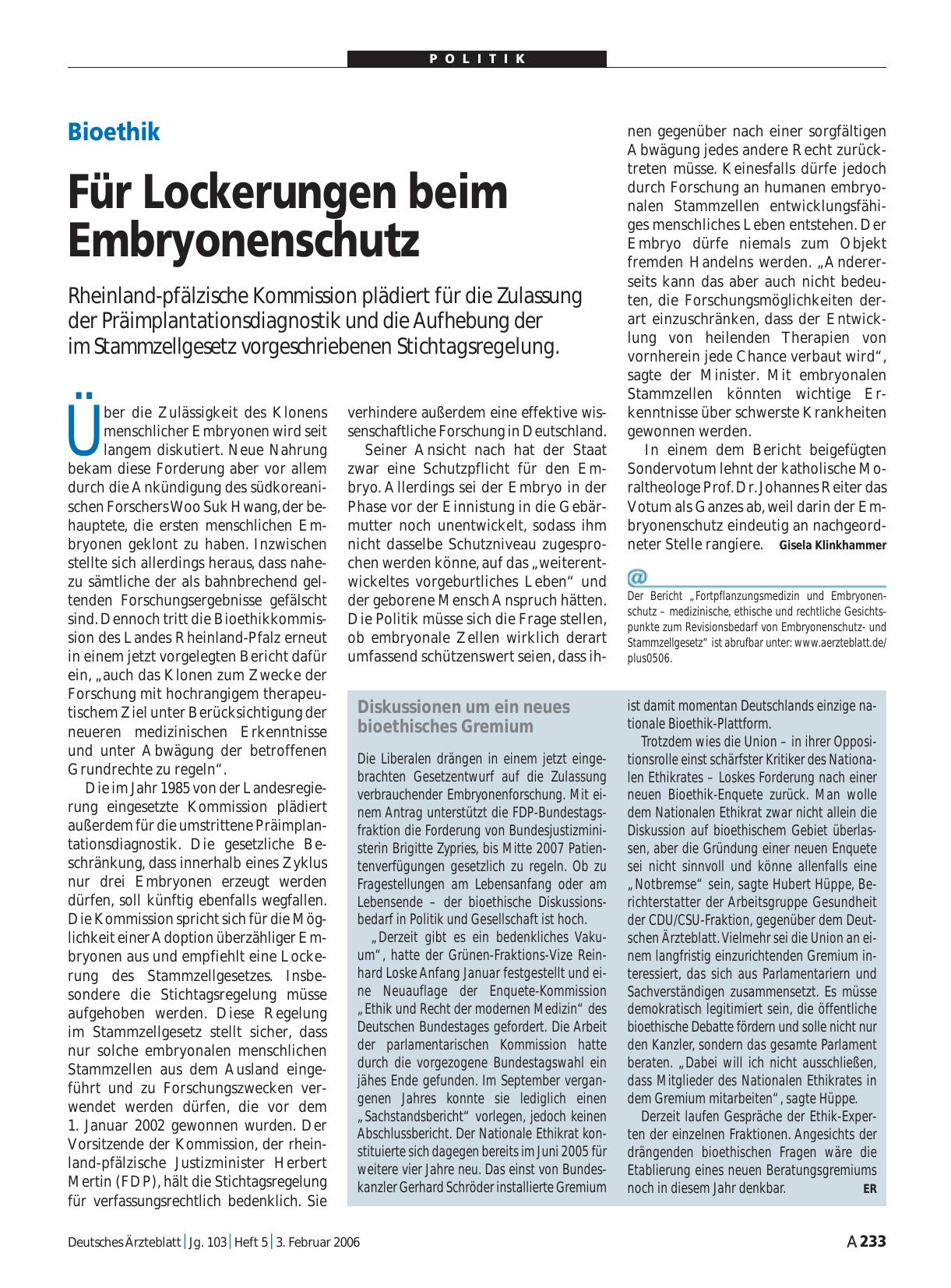 Vorschauseite 1: Bioethik: Für Lockerungen beim Embryonenschutz