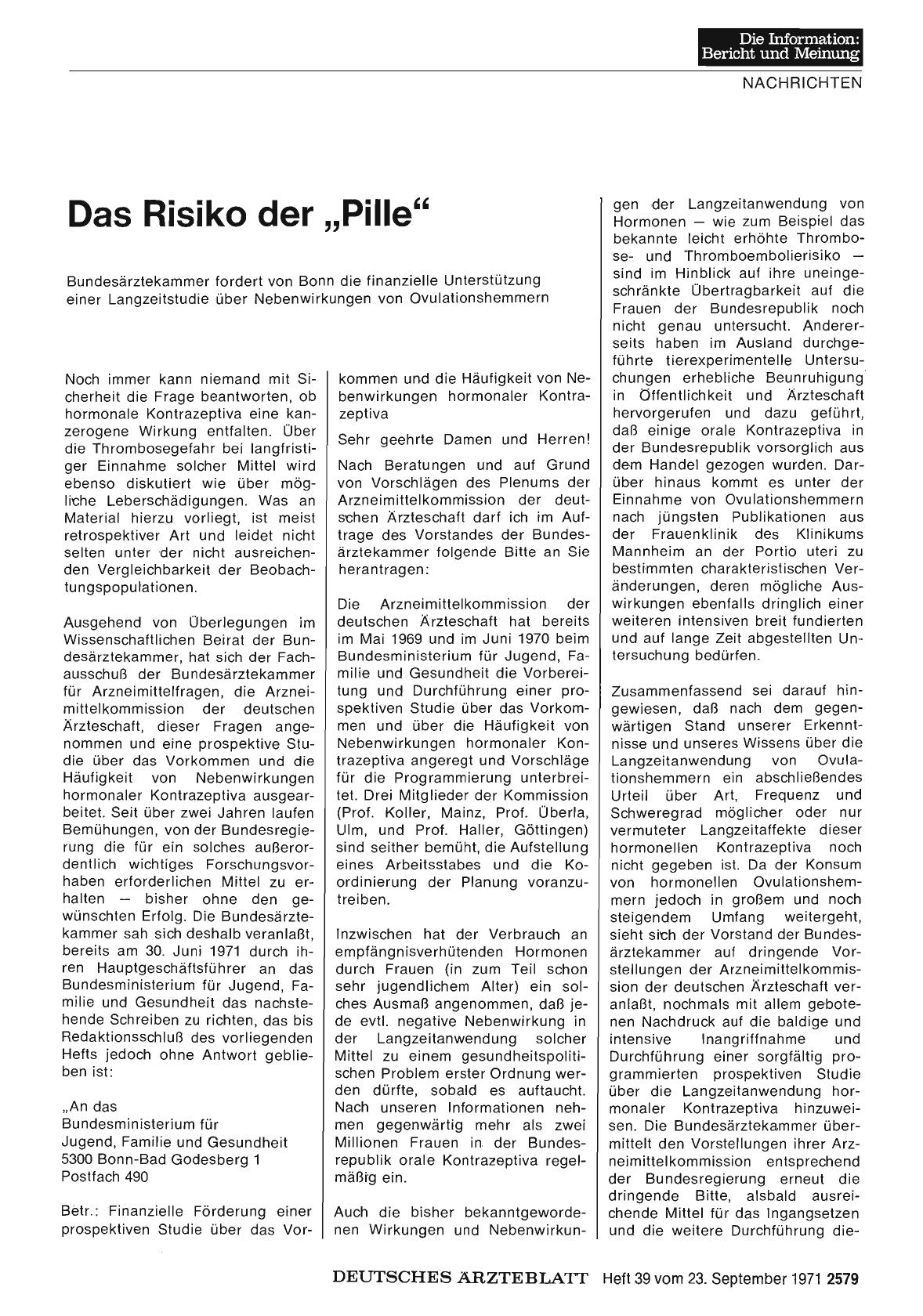 Vorschauseite 1: Das Risiko der „Pille"